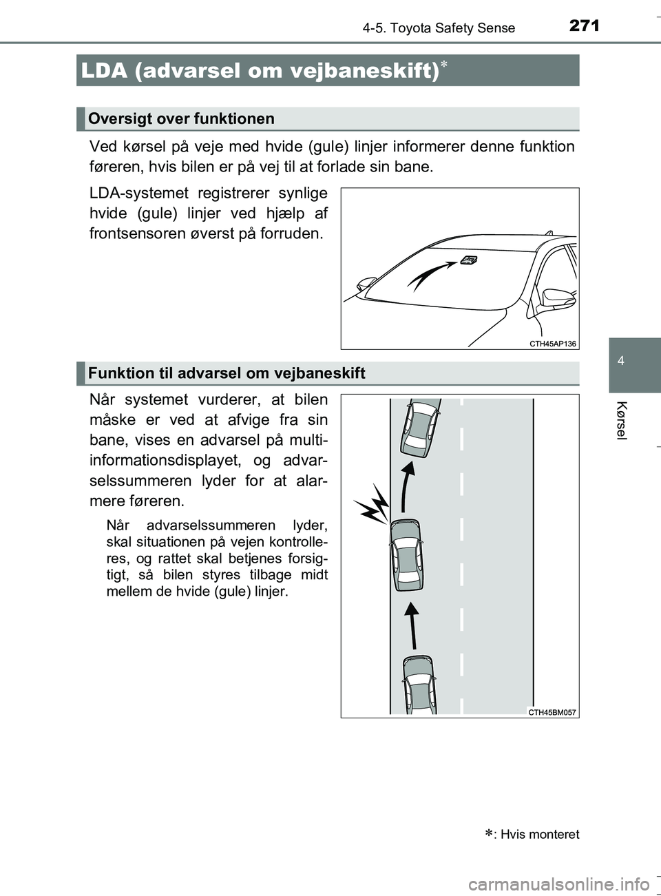 TOYOTA AURIS TOURING SPORTS 2016 Brugsanvisning (in Danish) 2714-5. Toyota Safety Sense
OM12L13DK_Auris TS
4
Kørsel
Ved kørsel på veje med hvide (gule) linjer informerer denne funktion
føreren, hvis bilen er på vej til at forlade sin bane.
LDA-systemet re TOYOTA AURIS TOURING SPORTS 2016 Brugsanvisning (in Danish) 2714-5. Toyota Safety Sense
OM12L13DK_Auris TS
4
Kørsel
Ved kørsel på veje med hvide (gule) linjer informerer denne funktion
føreren, hvis bilen er på vej til at forlade sin bane.
LDA-systemet re