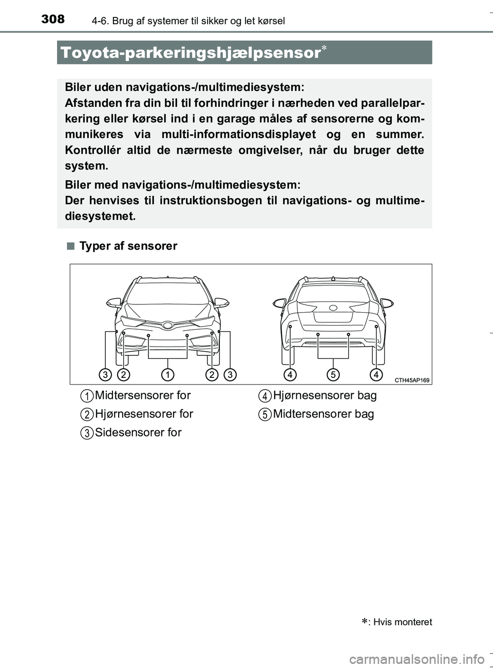 TOYOTA AURIS TOURING SPORTS 2016 Brugsanvisning (in Danish) 3084-6. Brug af systemer til sikker og let kørsel
OM12L13DK_Auris TSn
Typer af sensorer
Toyota-parkeringshjælpsensor
: Hvis monteret
Biler uden navigations-/multimediesystem:
Afstanden fra di TOYOTA AURIS TOURING SPORTS 2016 Brugsanvisning (in Danish) 3084-6. Brug af systemer til sikker og let kørsel
OM12L13DK_Auris TSn
Typer af sensorer
Toyota-parkeringshjælpsensor
: Hvis monteret
Biler uden navigations-/multimediesystem:
Afstanden fra di