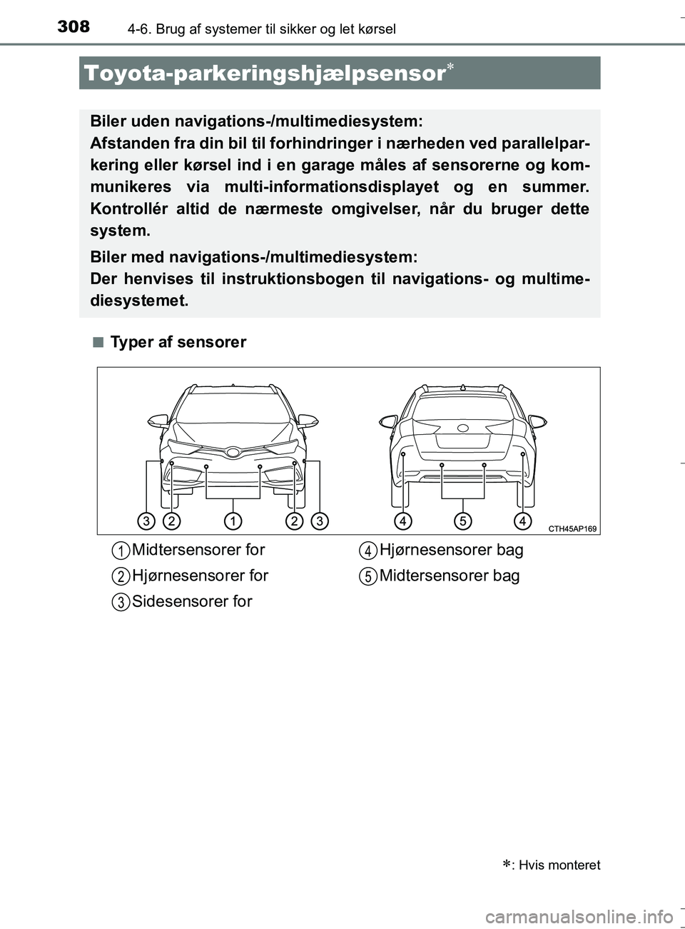 TOYOTA AURIS TOURING SPORTS 2016  Brugsanvisning (in Danish) 3084-6. Brug af systemer til sikker og let kørsel
OM12L13DK_Auris TSn
Typer af sensorer
Toyota-parkeringshjælpsensor
: Hvis monteret
Biler uden navigations-/multimediesystem: 
Afstanden fra di