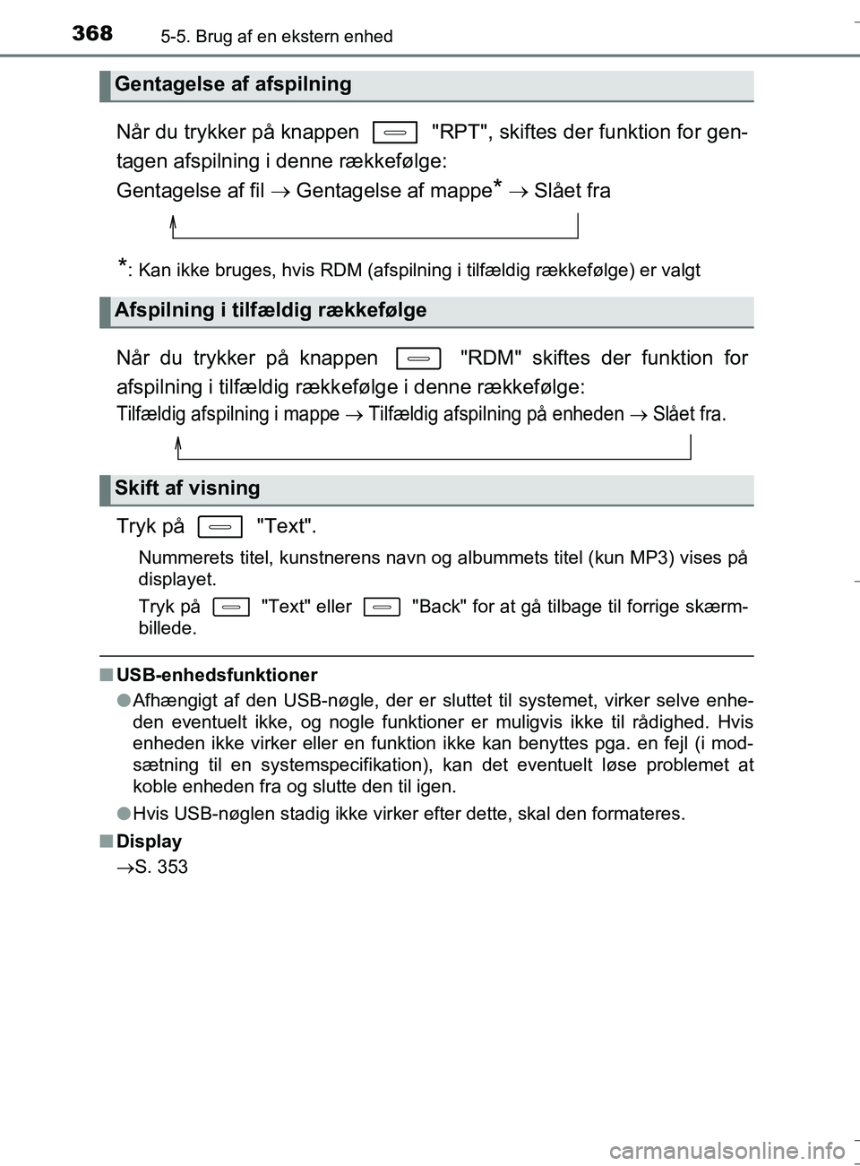 TOYOTA AURIS TOURING SPORTS 2016 Brugsanvisning (in Danish) 3685-5. Brug af en ekstern enhed
OM12L13DK_Auris TS
Når du trykker på knappen "RPT", skiftes der funktion for gen-
tagen afspilning i denne rækkefølge:
Gentagelse af fil Gentagelse af mappe TOYOTA AURIS TOURING SPORTS 2016 Brugsanvisning (in Danish) 3685-5. Brug af en ekstern enhed
OM12L13DK_Auris TS
Når du trykker på knappen "RPT", skiftes der funktion for gen-
tagen afspilning i denne rækkefølge:
Gentagelse af fil Gentagelse af mappe