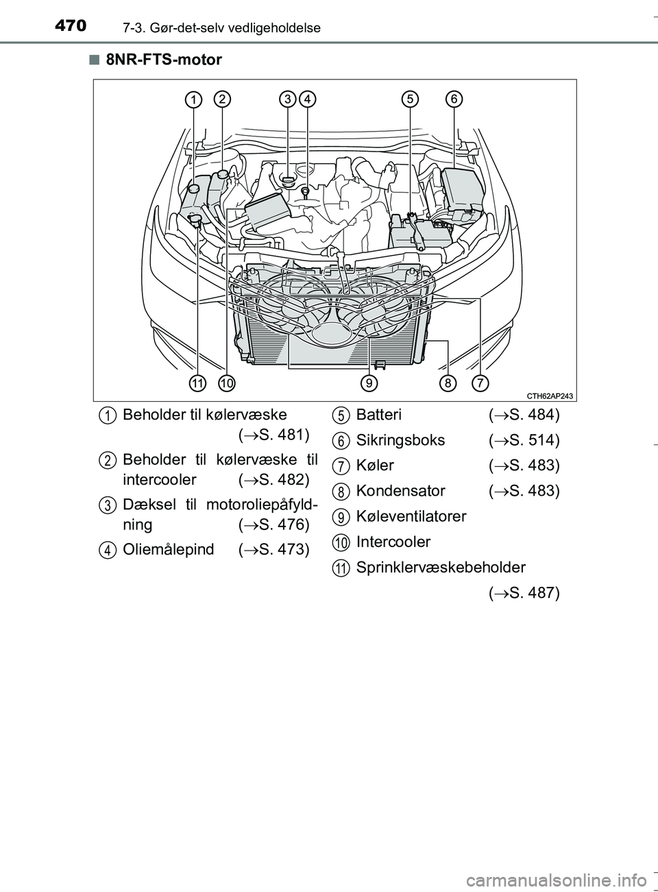 TOYOTA AURIS TOURING SPORTS 2016  Brugsanvisning (in Danish) 4707-3. Gør-det-selv vedligeholdelse
OM12L13DK_Auris TSn
8NR-FTS-motor
Beholder til kølervæske 
( S. 481)
Beholder til kølervæske til
intercooler ( S. 482)
Dæksel til motoroliepåfyld-
nin