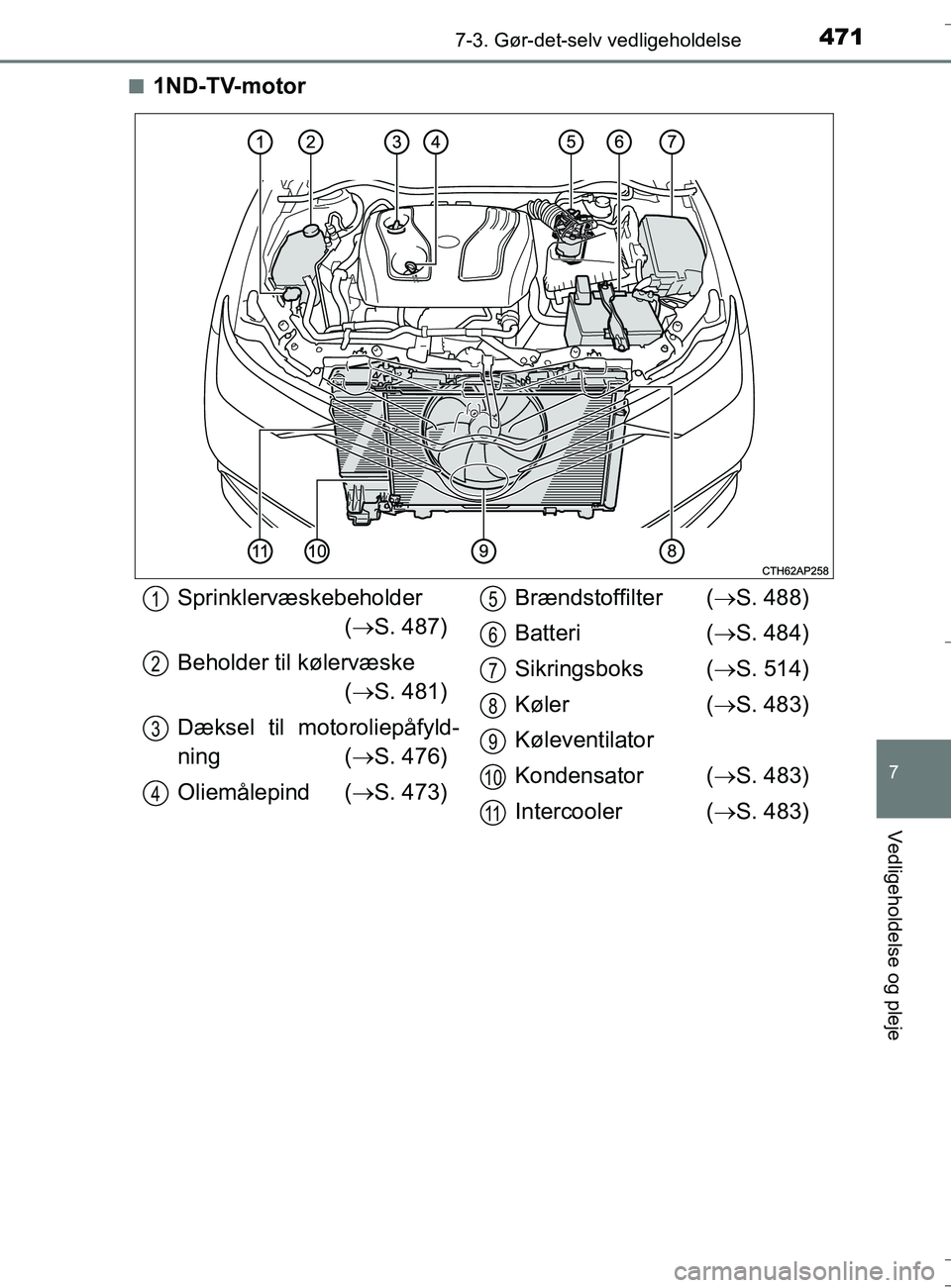 TOYOTA AURIS TOURING SPORTS 2016  Brugsanvisning (in Danish) 4717-3. Gør-det-selv vedligeholdelse
OM12L13DK_Auris TS
7
Vedligeholdelse og pleje
n1ND-TV-motor
Sprinklervæskebeholder( S. 487)
Beholder til kølervæske  ( S. 481)
Dæksel til motoroliepåfy
