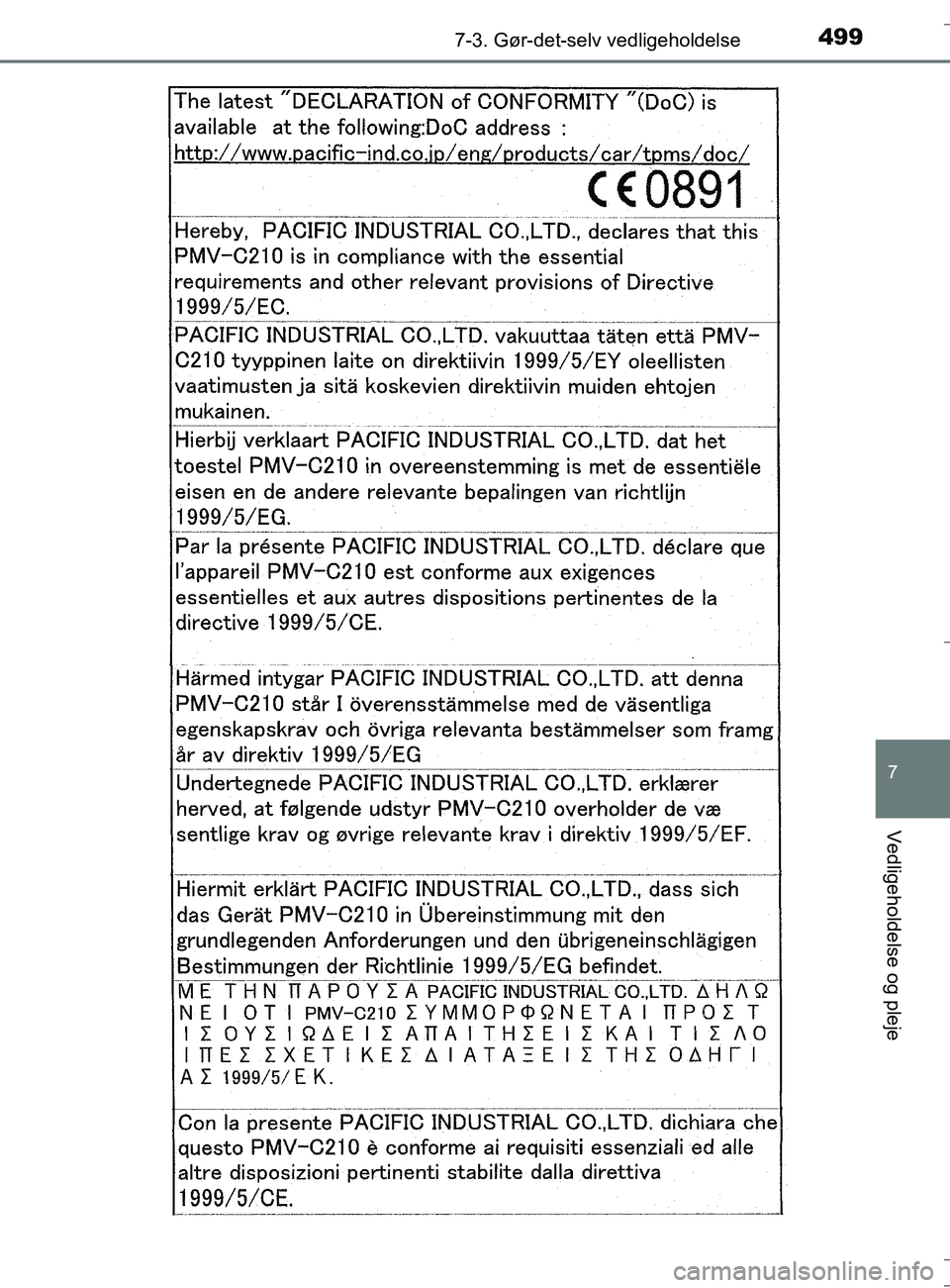 TOYOTA AURIS TOURING SPORTS 2016  Brugsanvisning (in Danish) 4997-3. Gør-det-selv vedligeholdelse
OM12L13DK_Auris TS
7
Vedligeholdelse og pleje
OM12L13DK_Auris TS.book  Page 499  Thursday, October 27, 2016  4:33 PM 