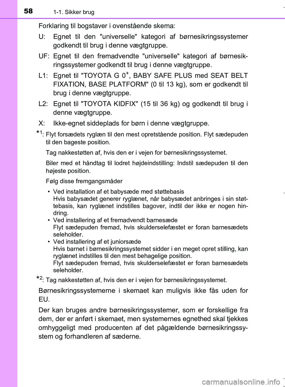 TOYOTA AURIS TOURING SPORTS 2016 Brugsanvisning (in Danish) 581-1. Sikker brug
OM12L13DK_Auris TS
Forklaring til bogstaver i ovenstående skema:
U: Egnet til den "universelle" kategori af børnesikringssystemer
godkendt til brug i denne vægtgruppe.
UF: Egnet TOYOTA AURIS TOURING SPORTS 2016 Brugsanvisning (in Danish) 581-1. Sikker brug
OM12L13DK_Auris TS
Forklaring til bogstaver i ovenstående skema:
U: Egnet til den "universelle" kategori af børnesikringssystemer
godkendt til brug i denne vægtgruppe.
UF: Egnet
