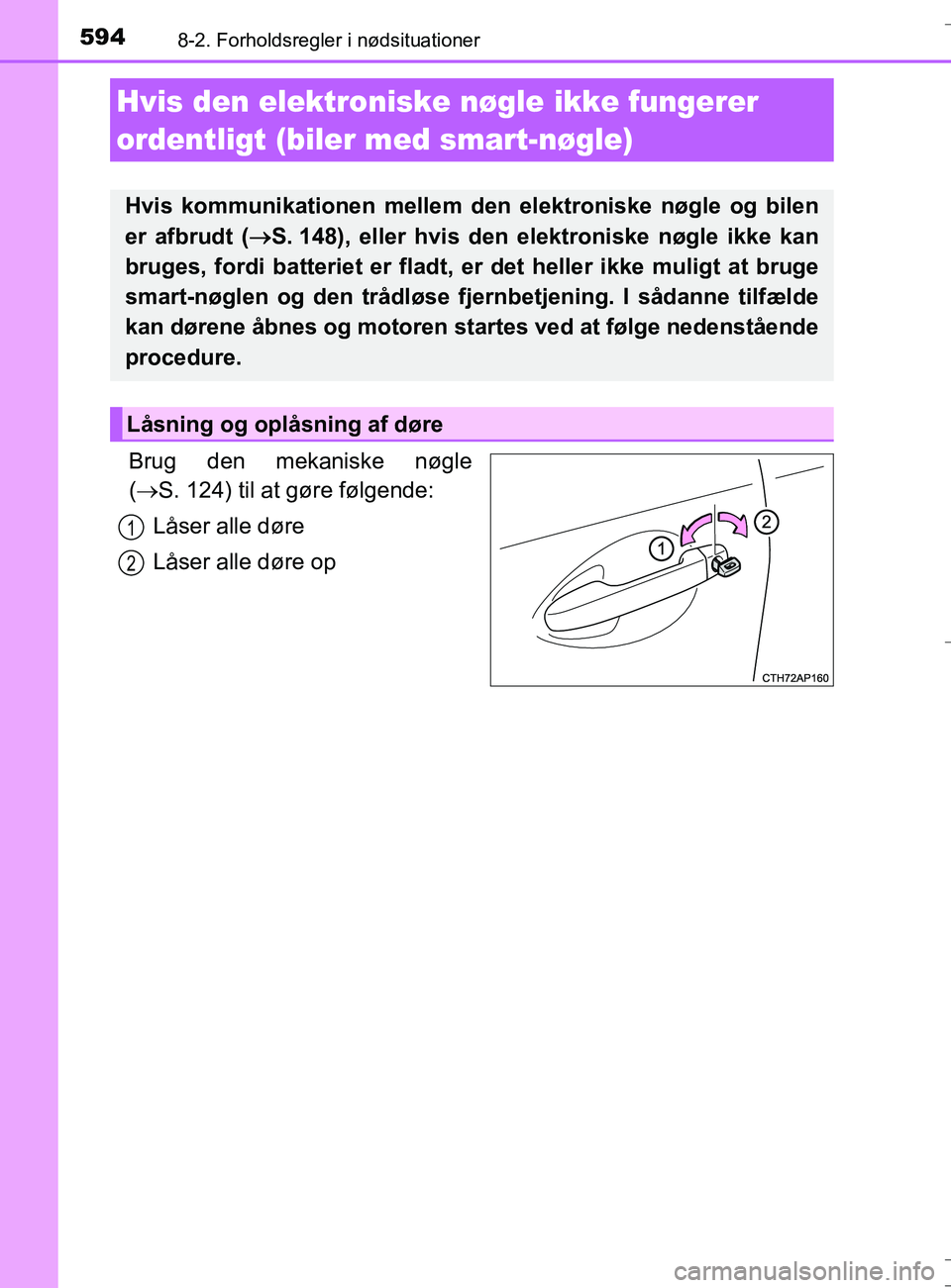 TOYOTA AURIS TOURING SPORTS 2016 Brugsanvisning (in Danish) 5948-2. Forholdsregler i nødsituationer
OM12L13DK_Auris TS
Brug den mekaniske nøgle
( S. 124) til at gøre følgende:
Låser alle døre
Låser alle døre op
Hvis den elektroniske nøgle ikke fun TOYOTA AURIS TOURING SPORTS 2016 Brugsanvisning (in Danish) 5948-2. Forholdsregler i nødsituationer
OM12L13DK_Auris TS
Brug den mekaniske nøgle
( S. 124) til at gøre følgende:
Låser alle døre
Låser alle døre op
Hvis den elektroniske nøgle ikke fun