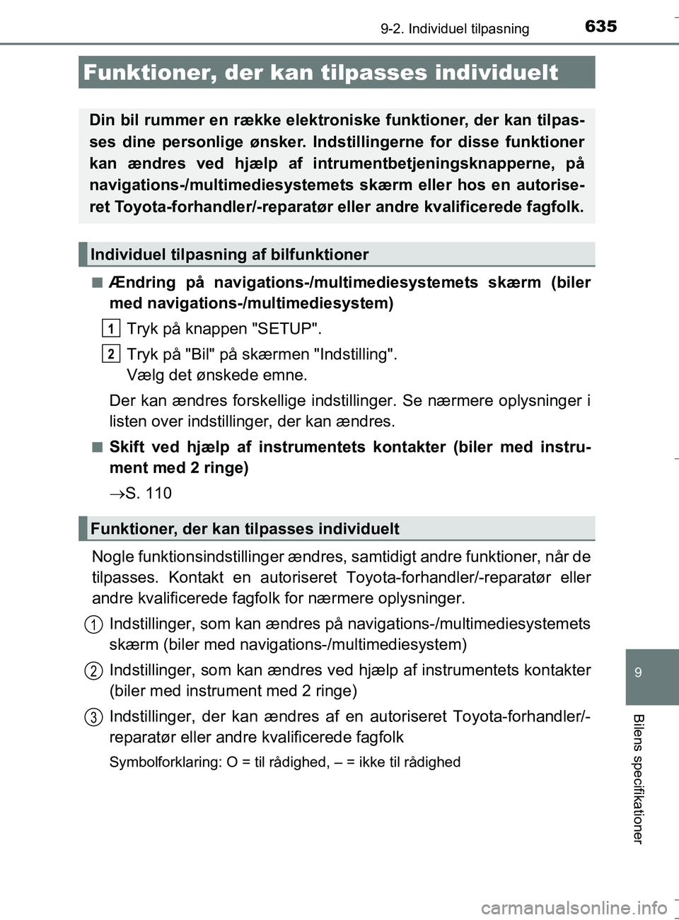 TOYOTA AURIS TOURING SPORTS 2016 Brugsanvisning (in Danish) 635
OM12L13DK_Auris TS
9
Bilens specifikationer
9-2. Individuel tilpasning
nÆndring på navigations-/multimediesystemets skærm (biler
med navigations-/multimediesystem)Tryk på knappen "SETUP".
Tryk TOYOTA AURIS TOURING SPORTS 2016 Brugsanvisning (in Danish) 635
OM12L13DK_Auris TS
9
Bilens specifikationer
9-2. Individuel tilpasning
nÆndring på navigations-/multimediesystemets skærm (biler
med navigations-/multimediesystem)Tryk på knappen "SETUP".
Tryk