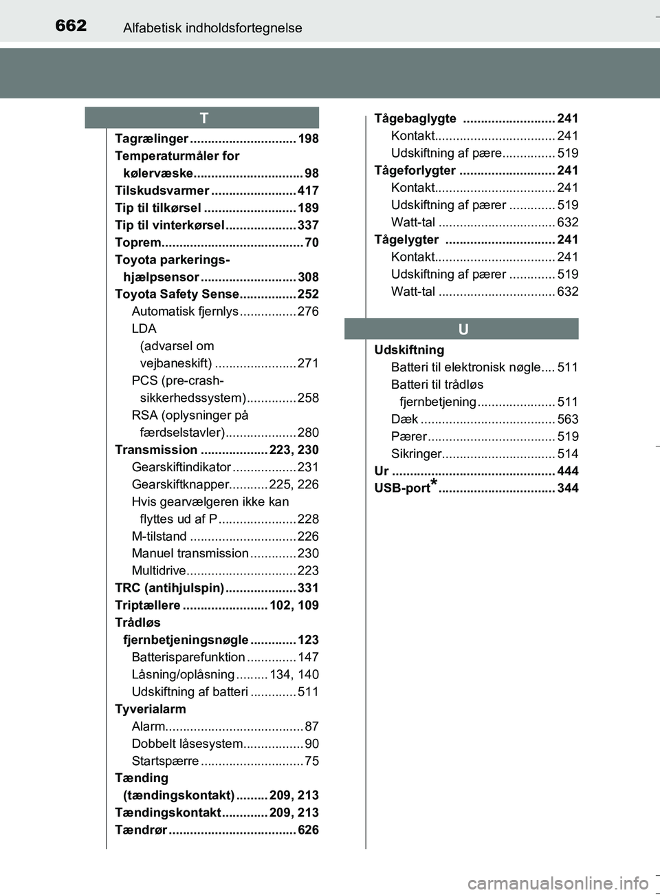TOYOTA AURIS TOURING SPORTS 2016 Brugsanvisning (in Danish) 662Alfabetisk indholdsfortegnelse
OM12L13DK_Auris TS
Tagrælinger .............................. 198
Temperaturmåler for kølervæske............................... 98
Tilskudsvarmer ................ TOYOTA AURIS TOURING SPORTS 2016 Brugsanvisning (in Danish) 662Alfabetisk indholdsfortegnelse
OM12L13DK_Auris TS
Tagrælinger .............................. 198
Temperaturmåler for kølervæske............................... 98
Tilskudsvarmer ................