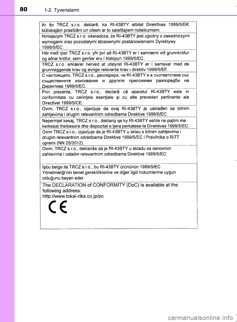 TOYOTA AURIS TOURING SPORTS 2016 Brugsanvisning (in Danish) 801-2. Tyverialarm
OM12L13DK_Auris TS
OM12L13DK_Auris TS.book Page 80 Thursday, October 27, 2016 4:33 PM TOYOTA AURIS TOURING SPORTS 2016 Brugsanvisning (in Danish) 801-2. Tyverialarm
OM12L13DK_Auris TS
OM12L13DK_Auris TS.book Page 80 Thursday, October 27, 2016 4:33 PM
