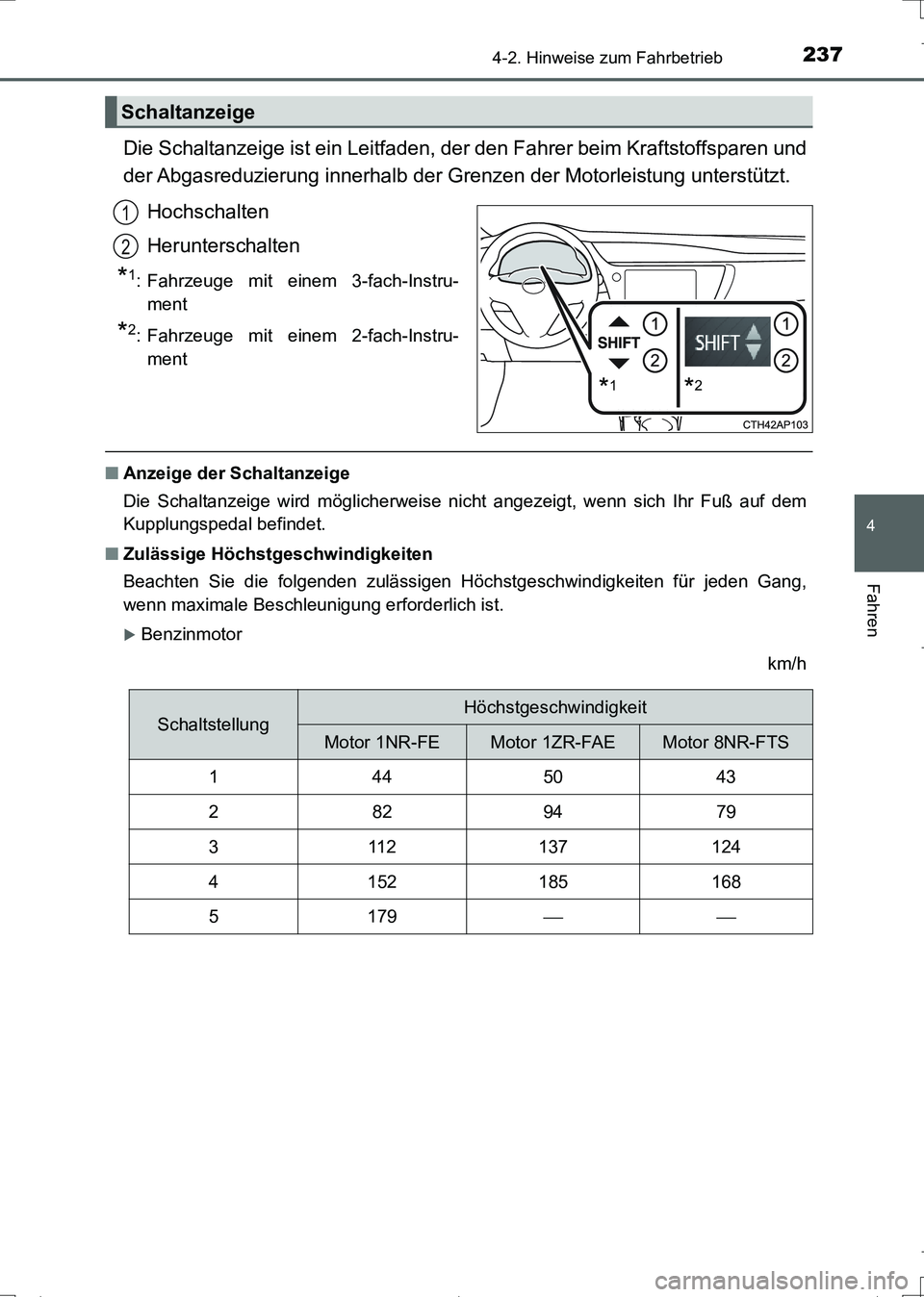 TOYOTA AURIS TOURING SPORTS 2017  Betriebsanleitungen (in German) 2374-2. Hinweise zum Fahrbetrieb
4
Fahren
UK_AURIS_Touring_Sports_EM (OM12L15M)
Die Schaltanzeige ist ein Leitfaden, der den Fahrer beim Kraftstoffsparen und
der Abgasreduzierung innerhalb der Grenzen