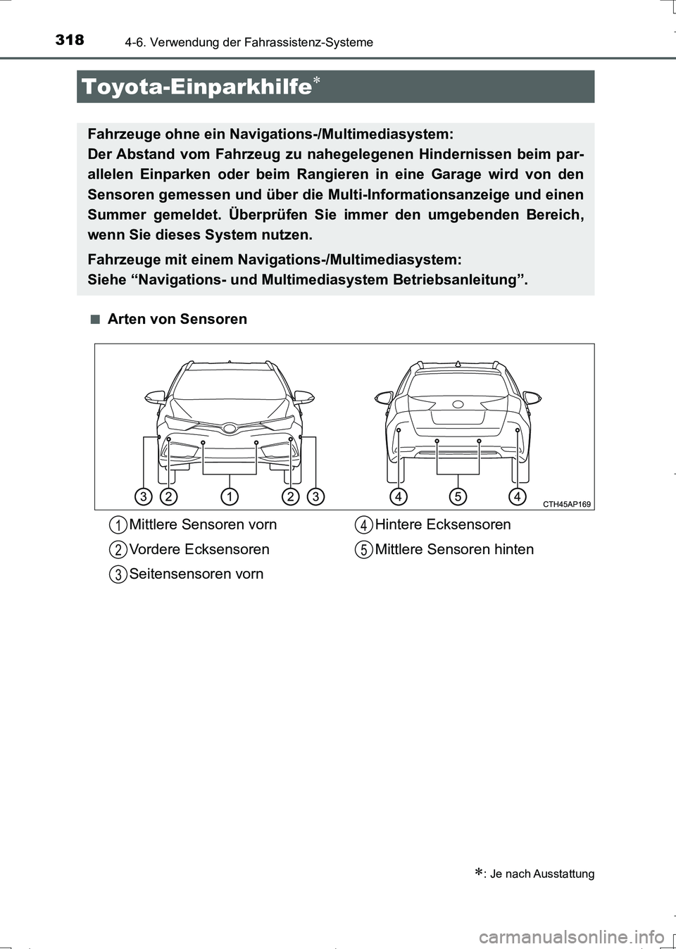 TOYOTA AURIS TOURING SPORTS 2017 Betriebsanleitungen (in German) 3184-6. Verwendung der Fahrassistenz-Systeme
UK_AURIS_Touring_Sports_EM (OM12L15M)■
Arten von Sensoren
Toyota-Einparkhilfe
: Je nach Ausstattung
Fahrzeuge ohne ein Navigations-/Multimediasyste TOYOTA AURIS TOURING SPORTS 2017 Betriebsanleitungen (in German) 3184-6. Verwendung der Fahrassistenz-Systeme
UK_AURIS_Touring_Sports_EM (OM12L15M)■
Arten von Sensoren
Toyota-Einparkhilfe
: Je nach Ausstattung
Fahrzeuge ohne ein Navigations-/Multimediasyste