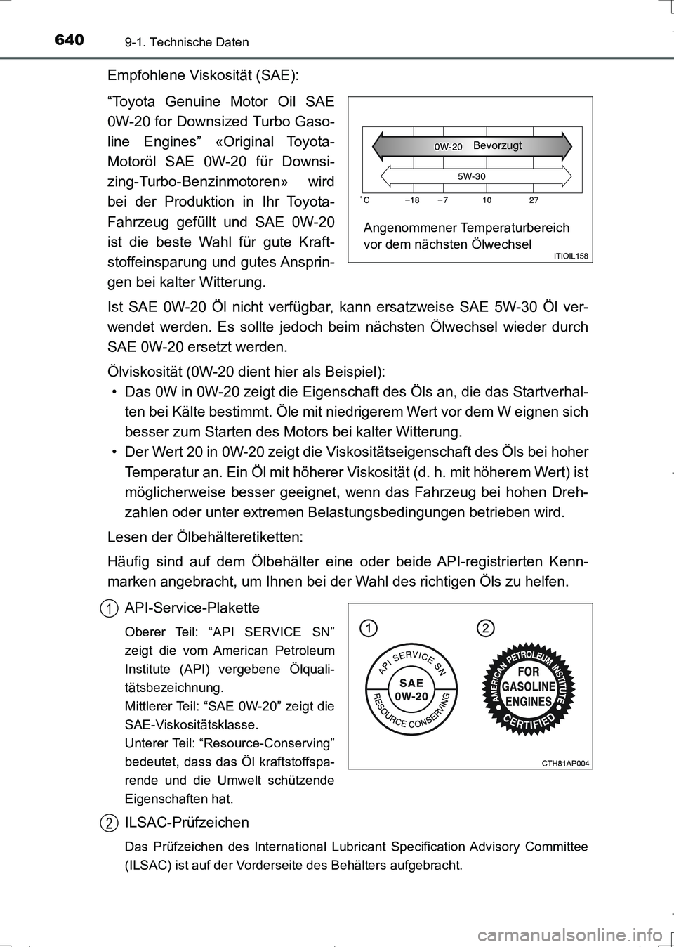 TOYOTA AURIS TOURING SPORTS 2017 Betriebsanleitungen (in German) 6409-1. Technische Daten
UK_AURIS_Touring_Sports_EM (OM12L15M)
Empfohlene Viskosität (SAE):
“Toyota Genuine Motor Oil SAE
0W-20 for Downsized Turbo Gaso-
line Engines” «Original Toyota-
Motoröl TOYOTA AURIS TOURING SPORTS 2017 Betriebsanleitungen (in German) 6409-1. Technische Daten
UK_AURIS_Touring_Sports_EM (OM12L15M)
Empfohlene Viskosität (SAE):
“Toyota Genuine Motor Oil SAE
0W-20 for Downsized Turbo Gaso-
line Engines” «Original Toyota-
Motoröl