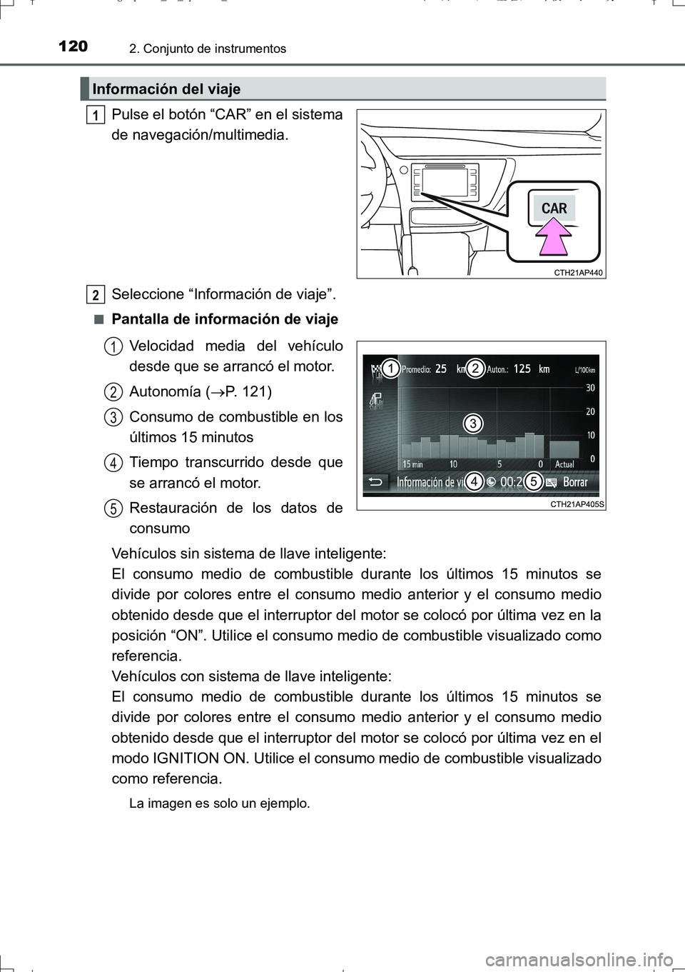 TOYOTA AURIS TOURING SPORTS 2017 Manual del propietario (in Spanish) 1202. Conjunto de instrumentos
UK_AURIS_Touring_Sport_ES (OM12L16S)
Pulse el botón “CAR” en el sistema
de navegación/multimedia.
Seleccione “Información de viaje”.
■Pantalla de informaci TOYOTA AURIS TOURING SPORTS 2017 Manual del propietario (in Spanish) 1202. Conjunto de instrumentos
UK_AURIS_Touring_Sport_ES (OM12L16S)
Pulse el botón “CAR” en el sistema
de navegación/multimedia.
Seleccione “Información de viaje”.
■Pantalla de informaci
