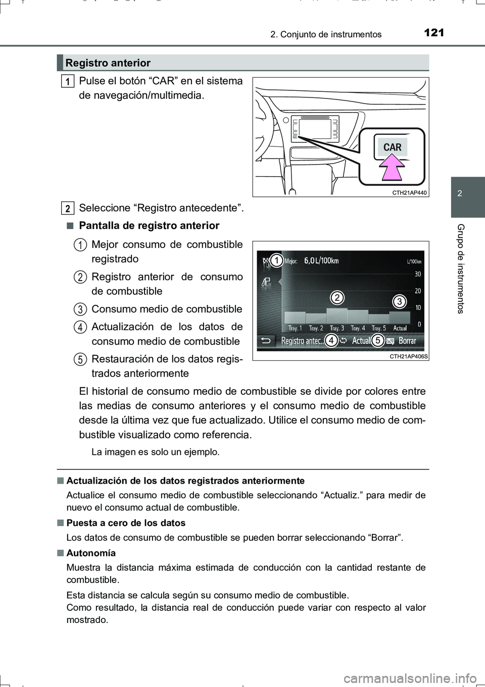 TOYOTA AURIS TOURING SPORTS 2017 Manual del propietario (in Spanish) 1212. Conjunto de instrumentos
2
Grupo de instrumentos
UK_AURIS_Touring_Sport_ES (OM12L16S)
Pulse el botón “CAR” en el sistema
de navegación/multimedia.
Seleccione “Registro antecedente”.
TOYOTA AURIS TOURING SPORTS 2017 Manual del propietario (in Spanish) 1212. Conjunto de instrumentos
2
Grupo de instrumentos
UK_AURIS_Touring_Sport_ES (OM12L16S)
Pulse el botón “CAR” en el sistema
de navegación/multimedia.
Seleccione “Registro antecedente”.