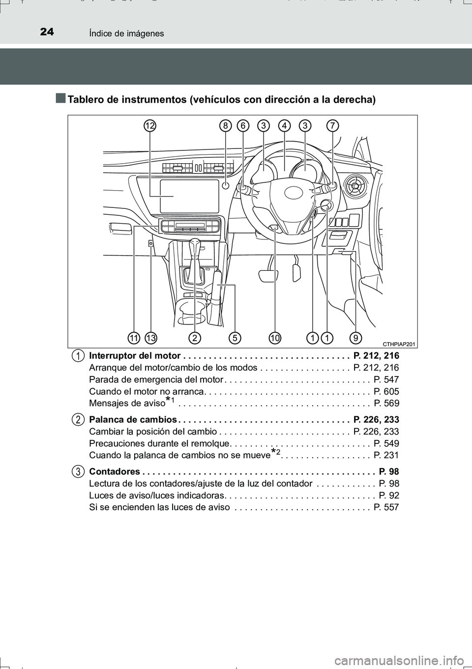 TOYOTA AURIS TOURING SPORTS 2017 Manual del propietario (in Spanish) 24Índice de imágenes
UK_AURIS_Touring_Sport_ES (OM12L16S)
■Tablero de instrumentos (vehículos con dirección a la derecha)
Interruptor del motor . . . . . . . . . . . . . . . . . . . . . . . . . TOYOTA AURIS TOURING SPORTS 2017 Manual del propietario (in Spanish) 24Índice de imágenes
UK_AURIS_Touring_Sport_ES (OM12L16S)
■Tablero de instrumentos (vehículos con dirección a la derecha)
Interruptor del motor . . . . . . . . . . . . . . . . . . . . . . . . .