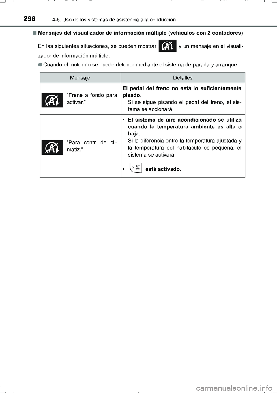 TOYOTA AURIS TOURING SPORTS 2017 Manual del propietario (in Spanish) 2984-6. Uso de los sistemas de asistencia a la conducción
UK_AURIS_Touring_Sport_ES (OM12L16S)■Mensajes del visualizador de información múltiple (vehículos con 2 contadores)
En las siguientes si TOYOTA AURIS TOURING SPORTS 2017 Manual del propietario (in Spanish) 2984-6. Uso de los sistemas de asistencia a la conducción
UK_AURIS_Touring_Sport_ES (OM12L16S)■Mensajes del visualizador de información múltiple (vehículos con 2 contadores)
En las siguientes si