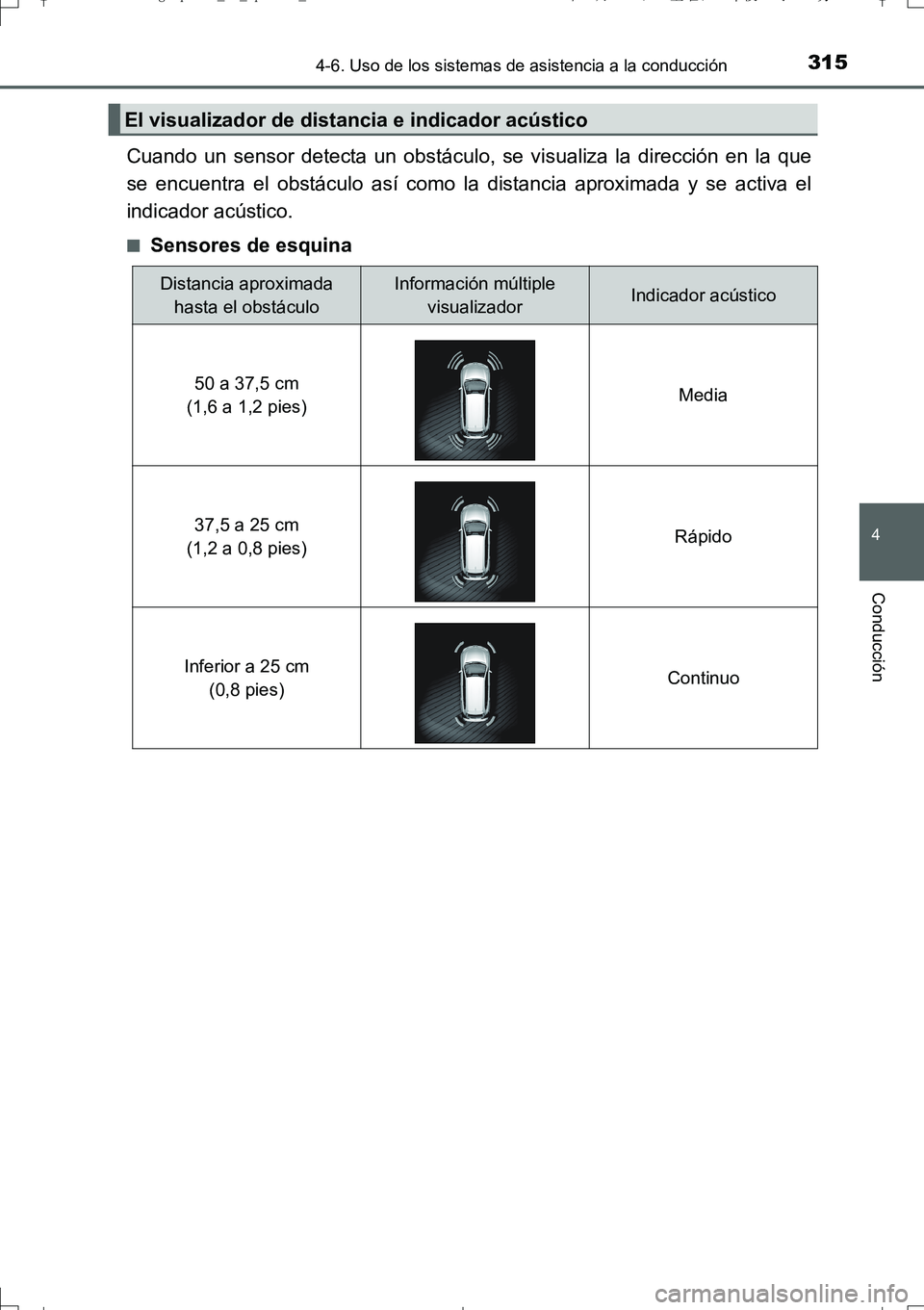 TOYOTA AURIS TOURING SPORTS 2017 Manual del propietario (in Spanish) 3154-6. Uso de los sistemas de asistencia a la conducción
4
Conducción
UK_AURIS_Touring_Sport_ES (OM12L16S)
Cuando un sensor detecta un obstáculo, se visualiza la dirección en la que
se encuentra TOYOTA AURIS TOURING SPORTS 2017 Manual del propietario (in Spanish) 3154-6. Uso de los sistemas de asistencia a la conducción
4
Conducción
UK_AURIS_Touring_Sport_ES (OM12L16S)
Cuando un sensor detecta un obstáculo, se visualiza la dirección en la que
se encuentra