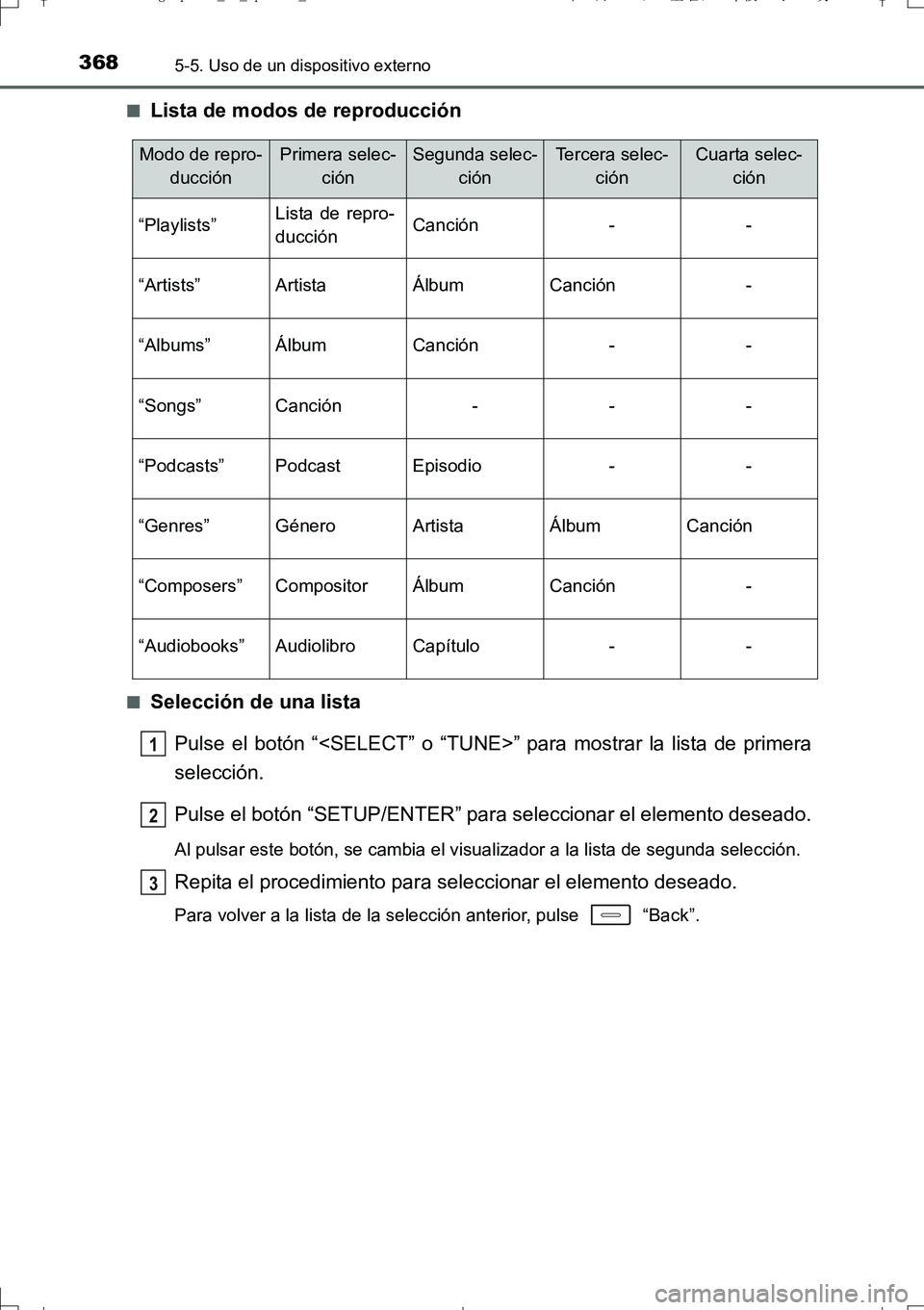 TOYOTA AURIS TOURING SPORTS 2017 Manual del propietario (in Spanish) 3685-5. Uso de un dispositivo externo
UK_AURIS_Touring_Sport_ES (OM12L16S)■
Lista de modos de reproducción
■Selección de una lista
Pulse el botón “<SELECT” o “TUNE>” para mostrar la lis TOYOTA AURIS TOURING SPORTS 2017 Manual del propietario (in Spanish) 3685-5. Uso de un dispositivo externo
UK_AURIS_Touring_Sport_ES (OM12L16S)■
Lista de modos de reproducción
■Selección de una lista
Pulse el botón “<SELECT” o “TUNE>” para mostrar la lis