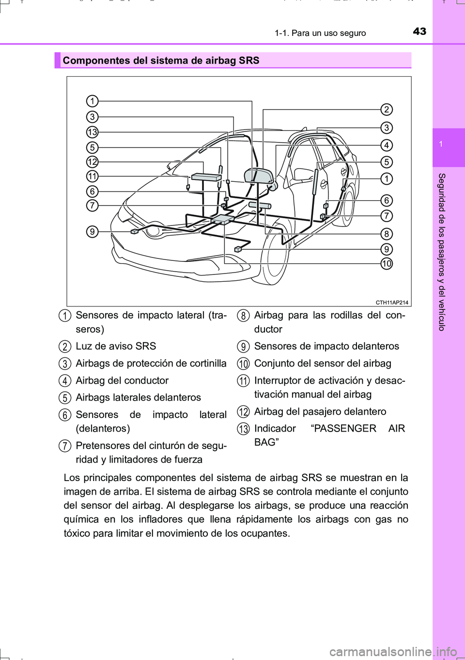 TOYOTA AURIS TOURING SPORTS 2017 Manual del propietario (in Spanish) 431-1. Para un uso seguro
1
Seguridad de los pasajeros y del vehículo
UK_AURIS_Touring_Sport_ES (OM12L16S)
Los principales componentes del sistema de airbag SRS se muestran en la
imagen de arriba. El TOYOTA AURIS TOURING SPORTS 2017 Manual del propietario (in Spanish) 431-1. Para un uso seguro
1
Seguridad de los pasajeros y del vehículo
UK_AURIS_Touring_Sport_ES (OM12L16S)
Los principales componentes del sistema de airbag SRS se muestran en la
imagen de arriba. El