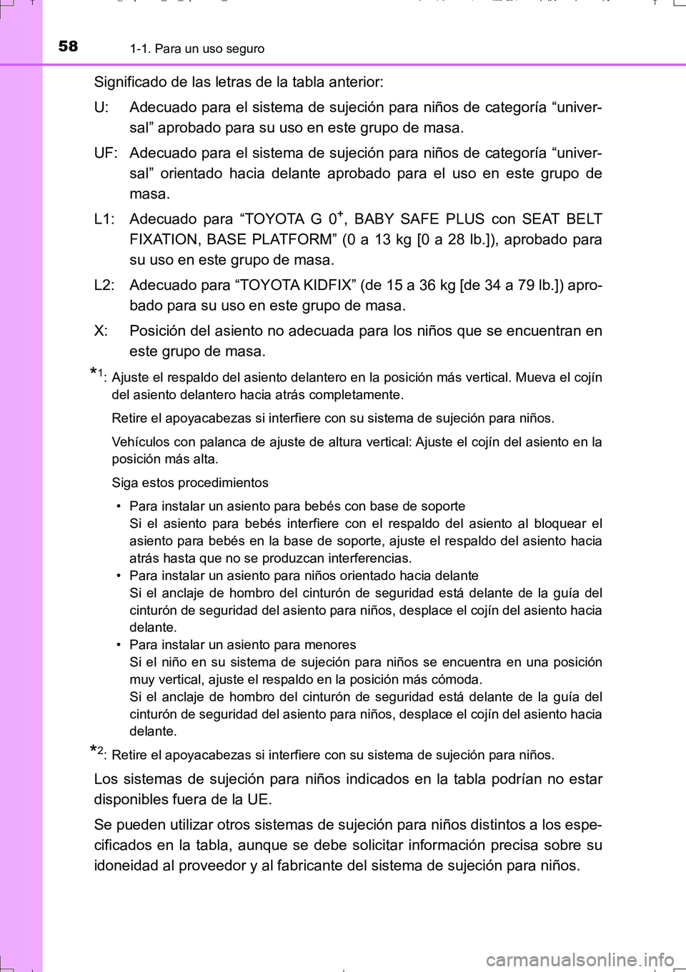 TOYOTA AURIS TOURING SPORTS 2017 Manual del propietario (in Spanish) 581-1. Para un uso seguro
UK_AURIS_Touring_Sport_ES (OM12L16S)
Significado de las letras de la tabla anterior:
U: Adecuado para el sistema de sujeción para niños de categoría “univer-
sal” apro TOYOTA AURIS TOURING SPORTS 2017 Manual del propietario (in Spanish) 581-1. Para un uso seguro
UK_AURIS_Touring_Sport_ES (OM12L16S)
Significado de las letras de la tabla anterior:
U: Adecuado para el sistema de sujeción para niños de categoría “univer-
sal” apro