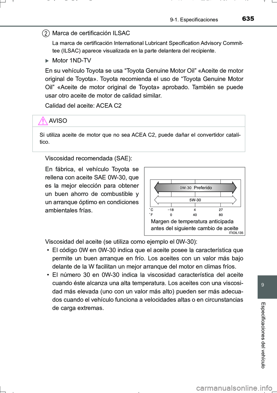 TOYOTA AURIS TOURING SPORTS 2017 Manual del propietario (in Spanish) 635
9
9-1. Especificaciones
Especificaciones del vehículo
UK_AURIS_Touring_Sport_ES (OM12L16S)
Marca de certificación ILSAC
La marca de certificación International Lubricant Specification Advisory TOYOTA AURIS TOURING SPORTS 2017 Manual del propietario (in Spanish) 635
9
9-1. Especificaciones
Especificaciones del vehículo
UK_AURIS_Touring_Sport_ES (OM12L16S)
Marca de certificación ILSAC
La marca de certificación International Lubricant Specification Advisory
