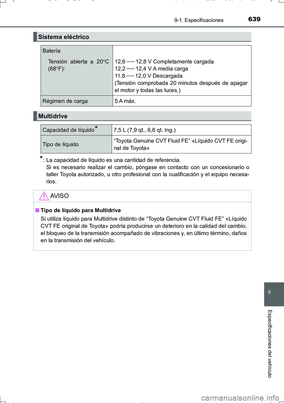 TOYOTA AURIS TOURING SPORTS 2017 Manual del propietario (in Spanish) 639
9
9-1. Especificaciones
Especificaciones del vehículo
UK_AURIS_Touring_Sport_ES (OM12L16S)
*: La capacidad de líquido es una cantidad de referencia.
Si es necesario realizar el cambio, póngase TOYOTA AURIS TOURING SPORTS 2017 Manual del propietario (in Spanish) 639
9
9-1. Especificaciones
Especificaciones del vehículo
UK_AURIS_Touring_Sport_ES (OM12L16S)
*: La capacidad de líquido es una cantidad de referencia.
Si es necesario realizar el cambio, póngase