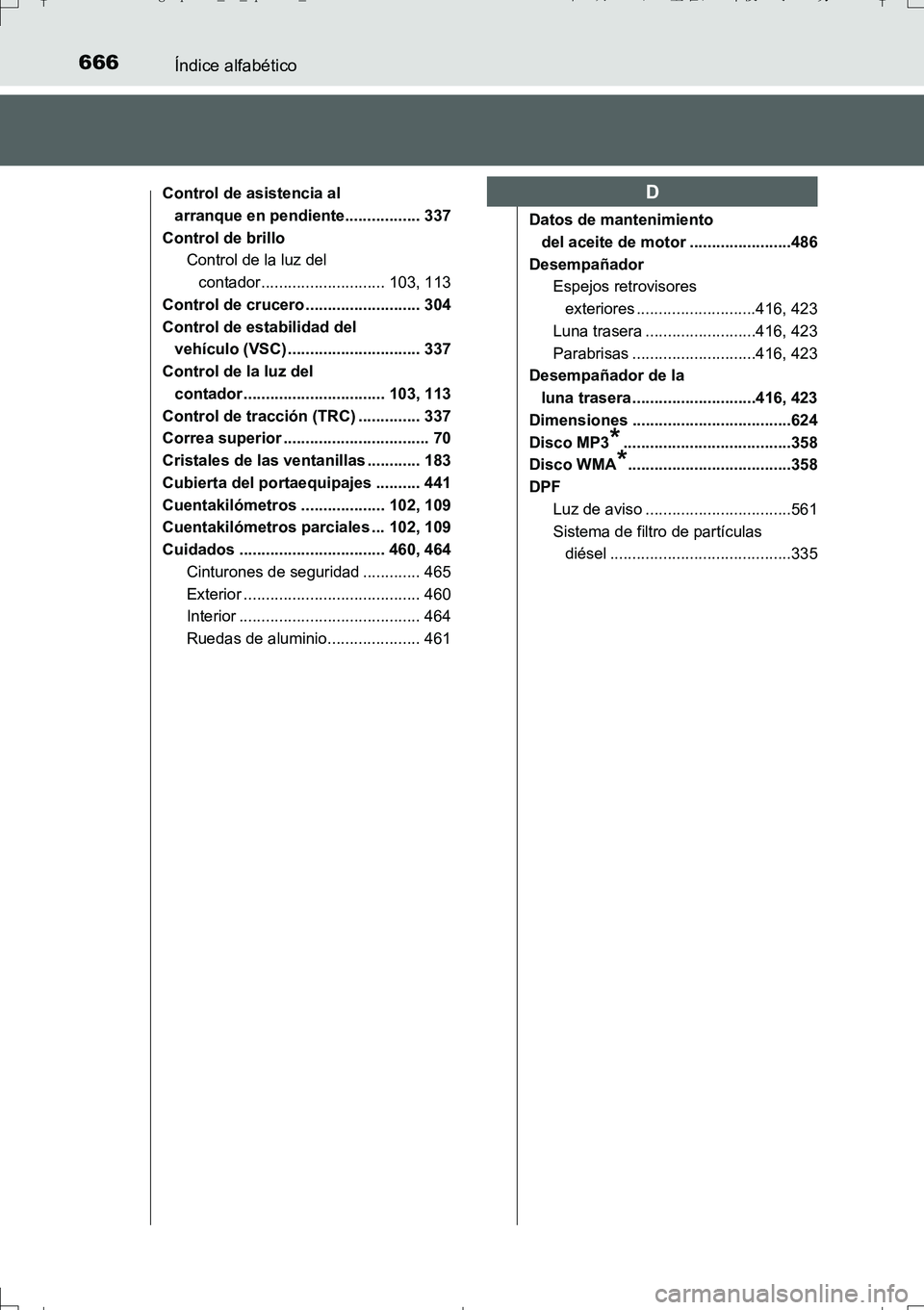 TOYOTA AURIS TOURING SPORTS 2017 Manual del propietario (in Spanish) 666Índice alfabético
UK_AURIS_Touring_Sport_ES (OM12L16S)
Control de asistencia al
arranque en pendiente................. 337
Control de brillo
Control de la luz del
contador...................... TOYOTA AURIS TOURING SPORTS 2017 Manual del propietario (in Spanish) 666Índice alfabético
UK_AURIS_Touring_Sport_ES (OM12L16S)
Control de asistencia al
arranque en pendiente................. 337
Control de brillo
Control de la luz del
contador......................