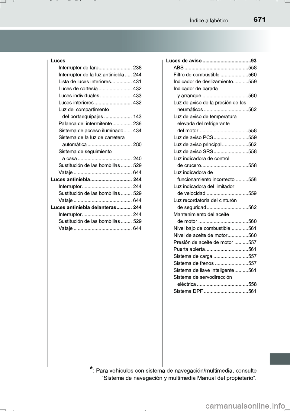 TOYOTA AURIS TOURING SPORTS 2017 Manual del propietario (in Spanish) 671Índice alfabético
UK_AURIS_Touring_Sport_ES (OM12L16S)
Luces
Interruptor de faro........................ 238
Interruptor de la luz antiniebla ..... 244
Lista de luces interiores............... 43 TOYOTA AURIS TOURING SPORTS 2017 Manual del propietario (in Spanish) 671Índice alfabético
UK_AURIS_Touring_Sport_ES (OM12L16S)
Luces
Interruptor de faro........................ 238
Interruptor de la luz antiniebla ..... 244
Lista de luces interiores............... 43