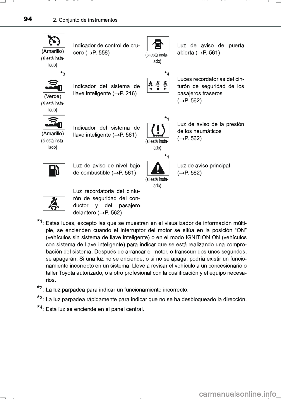 TOYOTA AURIS TOURING SPORTS 2017  Manual del propietario (in Spanish) 942. Conjunto de instrumentos
UK_AURIS_Touring_Sport_ES (OM12L16S)
*1: Estas luces, excepto las que se muestran en el visualizador de información múlti-
ple, se encienden cuando el interruptor del m