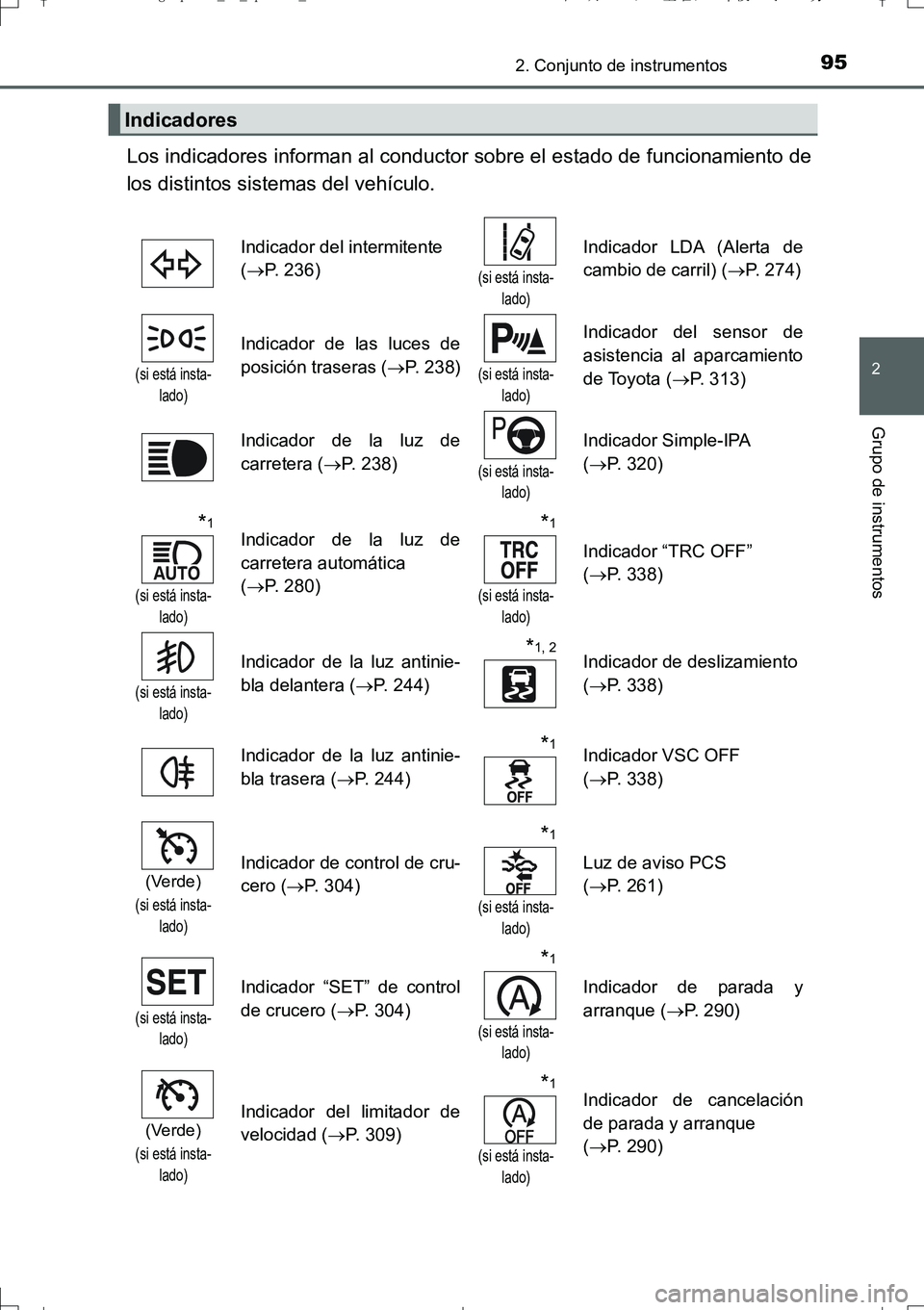 TOYOTA AURIS TOURING SPORTS 2017  Manual del propietario (in Spanish) 952. Conjunto de instrumentos
2
Grupo de instrumentos
UK_AURIS_Touring_Sport_ES (OM12L16S)
Los indicadores informan al conductor sobre el estado de funcionamiento de
los distintos sistemas del vehícu