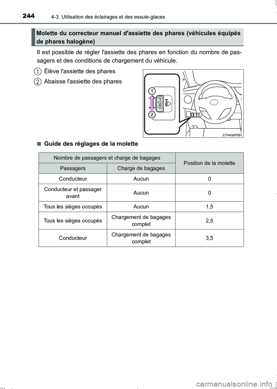 TOYOTA AURIS TOURING SPORTS 2017  Manuel du propriétaire (in French) 2444-3. Utilisation des éclairages et des essuie-glaces
UK_AURIS_Touring_Sport_EK (OM12L14K)
Il est possible de régler lassiette des phares en fonction du nombre de pas-
sagers et des conditions de