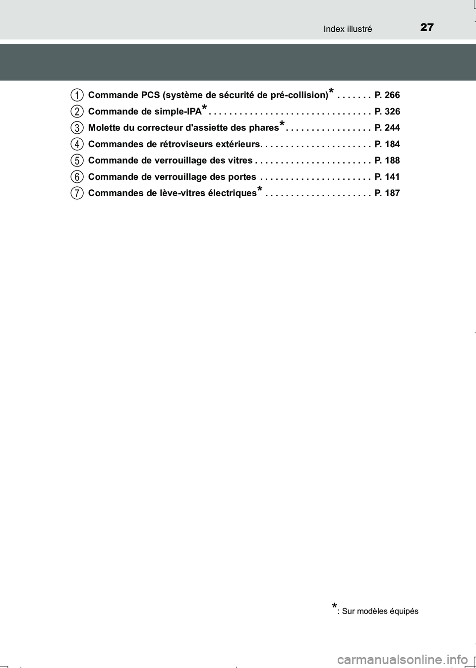 TOYOTA AURIS TOURING SPORTS 2017  Manuel du propriétaire (in French) 27Index illustré
UK_AURIS_Touring_Sport_EK (OM12L14K)Commande PCS (système de sécurité de pré-collision)
* . . . . . . .  P. 266
Commande de simple-IPA
*. . . . . . . . . . . . . . . . . . . . . 