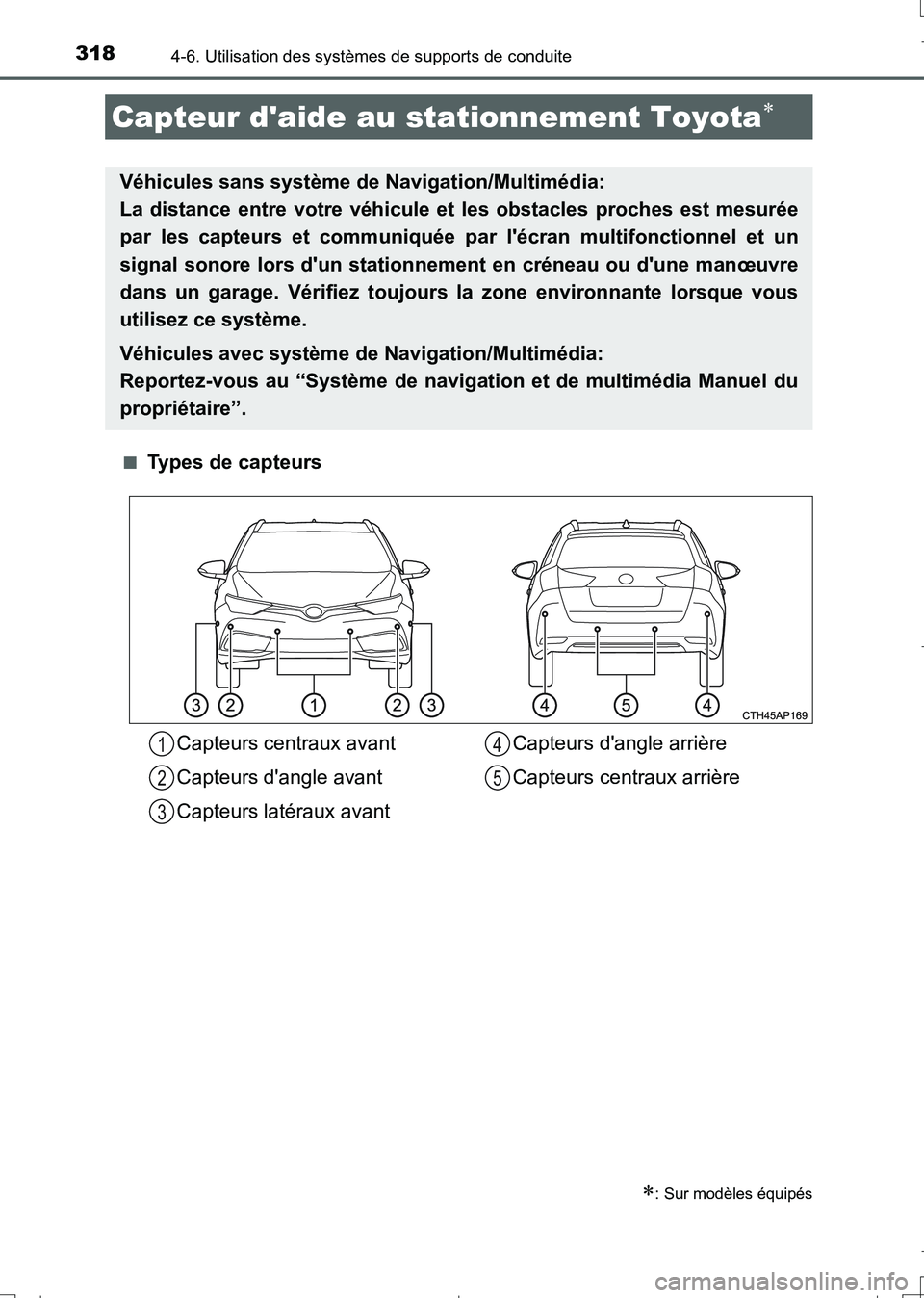 TOYOTA AURIS TOURING SPORTS 2017  Manuel du propriétaire (in French) 3184-6. Utilisation des systèmes de supports de conduite
UK_AURIS_Touring_Sport_EK (OM12L14K)■
Types de capteurs
Capteur daide au stationnement Toyota
: Sur modèles équipés
Véhicules san