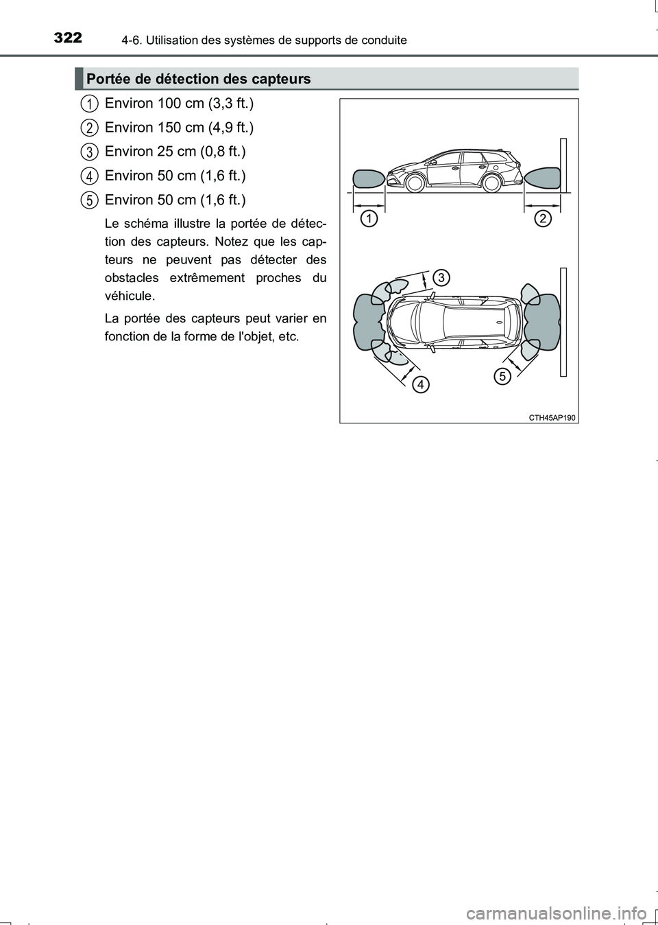 TOYOTA AURIS TOURING SPORTS 2017  Manuel du propriétaire (in French) 3224-6. Utilisation des systèmes de supports de conduite
UK_AURIS_Touring_Sport_EK (OM12L14K)
Environ 100 cm (3,3 ft.)
Environ 150 cm (4,9 ft.)
Environ 25 cm (0,8 ft.)
Environ 50 cm (1,6 ft.)
Environ