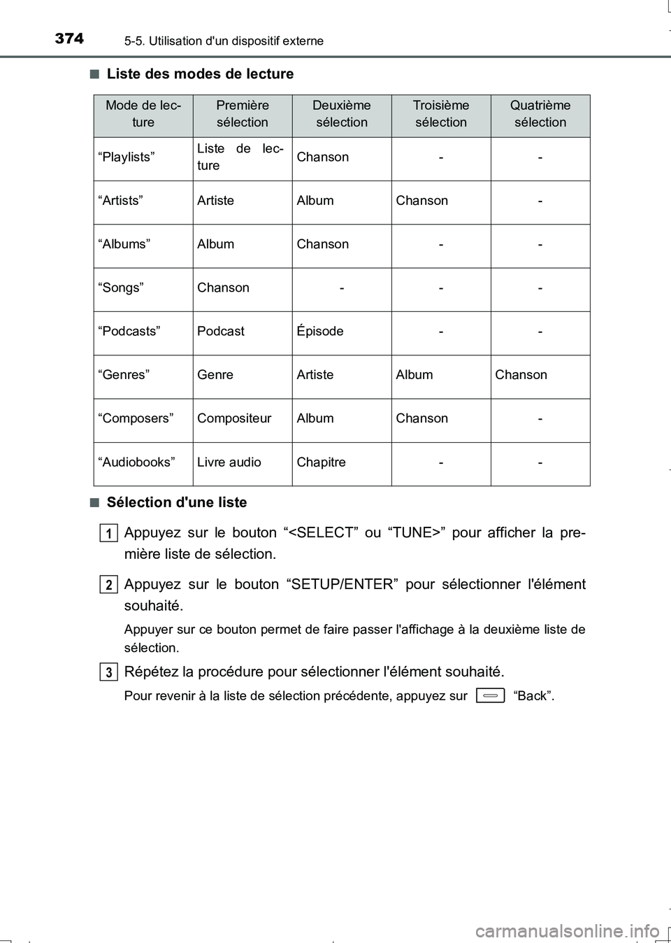 TOYOTA AURIS TOURING SPORTS 2017  Manuel du propriétaire (in French) 3745-5. Utilisation dun dispositif externe
UK_AURIS_Touring_Sport_EK (OM12L14K)■
Liste des modes de lecture
■Sélection dune liste
Appuyez sur le bouton “<SELECT” ou “TUNE>” pour affiche