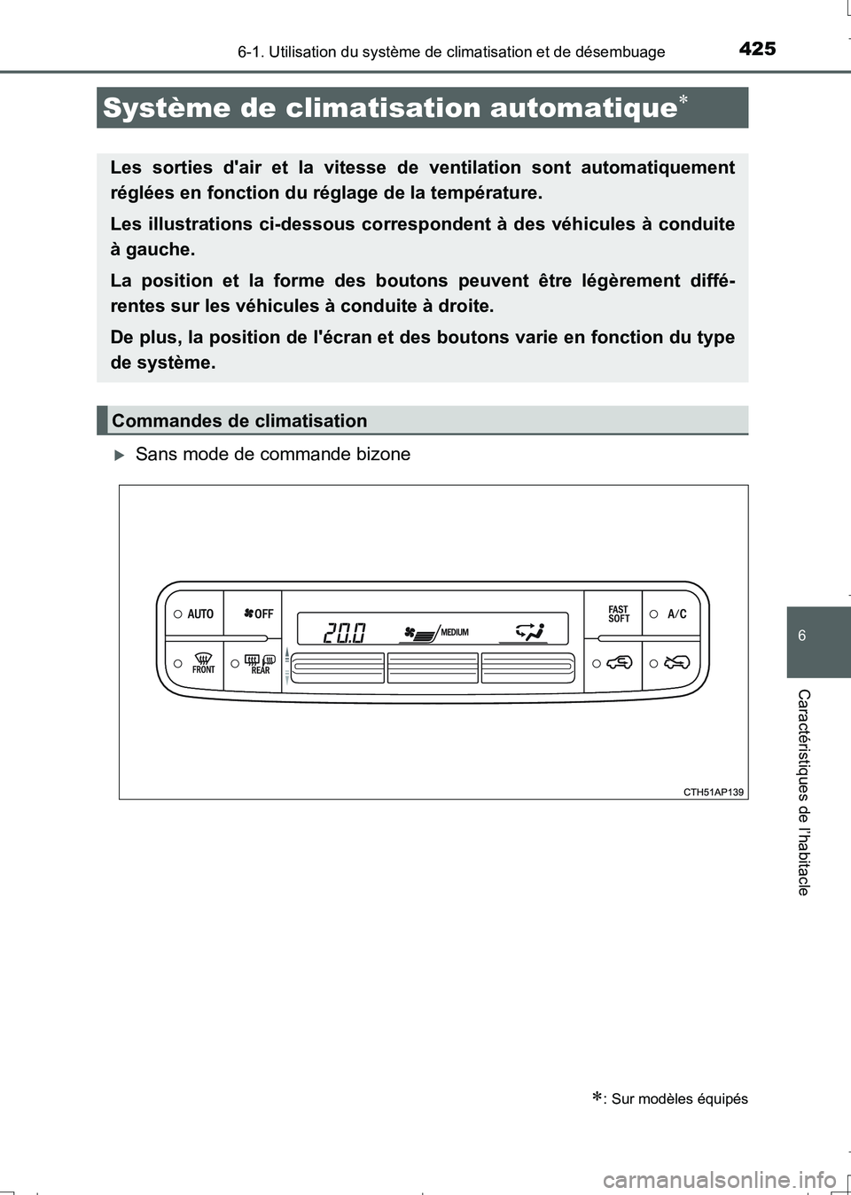 TOYOTA AURIS TOURING SPORTS 2017 Manuel du propriétaire (in French) 4256-1. Utilisation du système de climatisation et de désembuage
6
Caractéristiques de l’habitacle
UK_AURIS_Touring_Sport_EK (OM12L14K)
Sans mode de commande bizone
Système de climatisation a TOYOTA AURIS TOURING SPORTS 2017 Manuel du propriétaire (in French) 4256-1. Utilisation du système de climatisation et de désembuage
6
Caractéristiques de l’habitacle
UK_AURIS_Touring_Sport_EK (OM12L14K)
Sans mode de commande bizone
Système de climatisation a