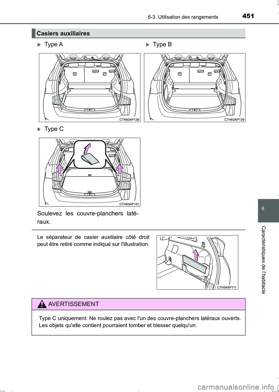 TOYOTA AURIS TOURING SPORTS 2017  Manuel du propriétaire (in French) 4516-3. Utilisation des rangements
6
Caractéristiques de l’habitacle
UK_AURIS_Touring_Sport_EK (OM12L14K)
Casiers auxiliaires 
Type AType B
Type C
Soulevez les couvre-planchers laté-
raux