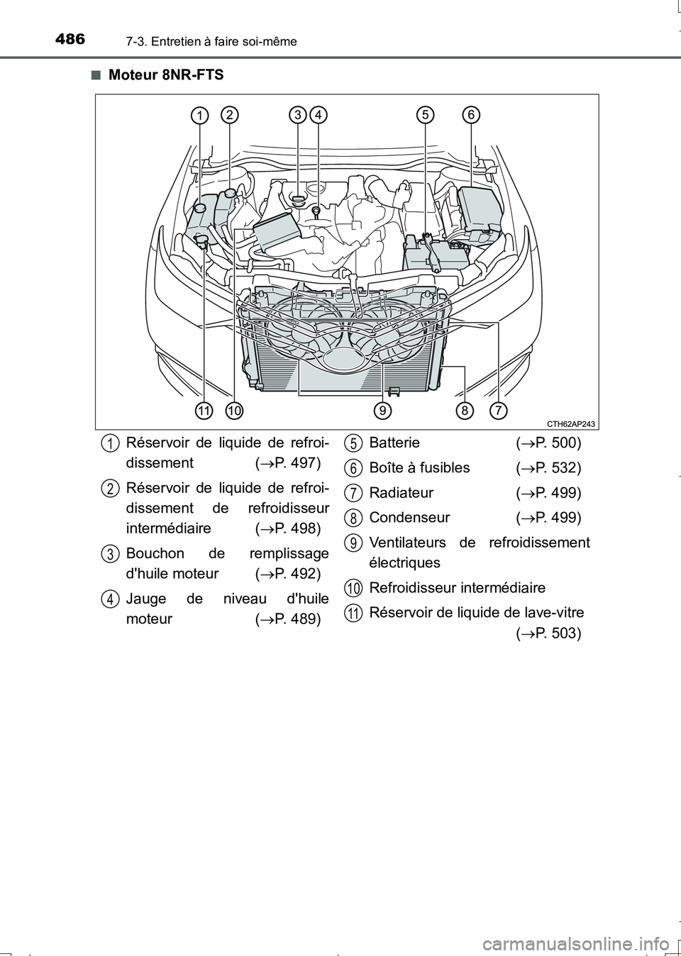 TOYOTA AURIS TOURING SPORTS 2017  Manuel du propriétaire (in French) 4867-3. Entretien à faire soi-même
UK_AURIS_Touring_Sport_EK (OM12L14K)■
Moteur 8NR-FTS
Réservoir de liquide de refroi-
dissement (P. 497)
Réservoir de liquide de refroi-
dissement de refroid