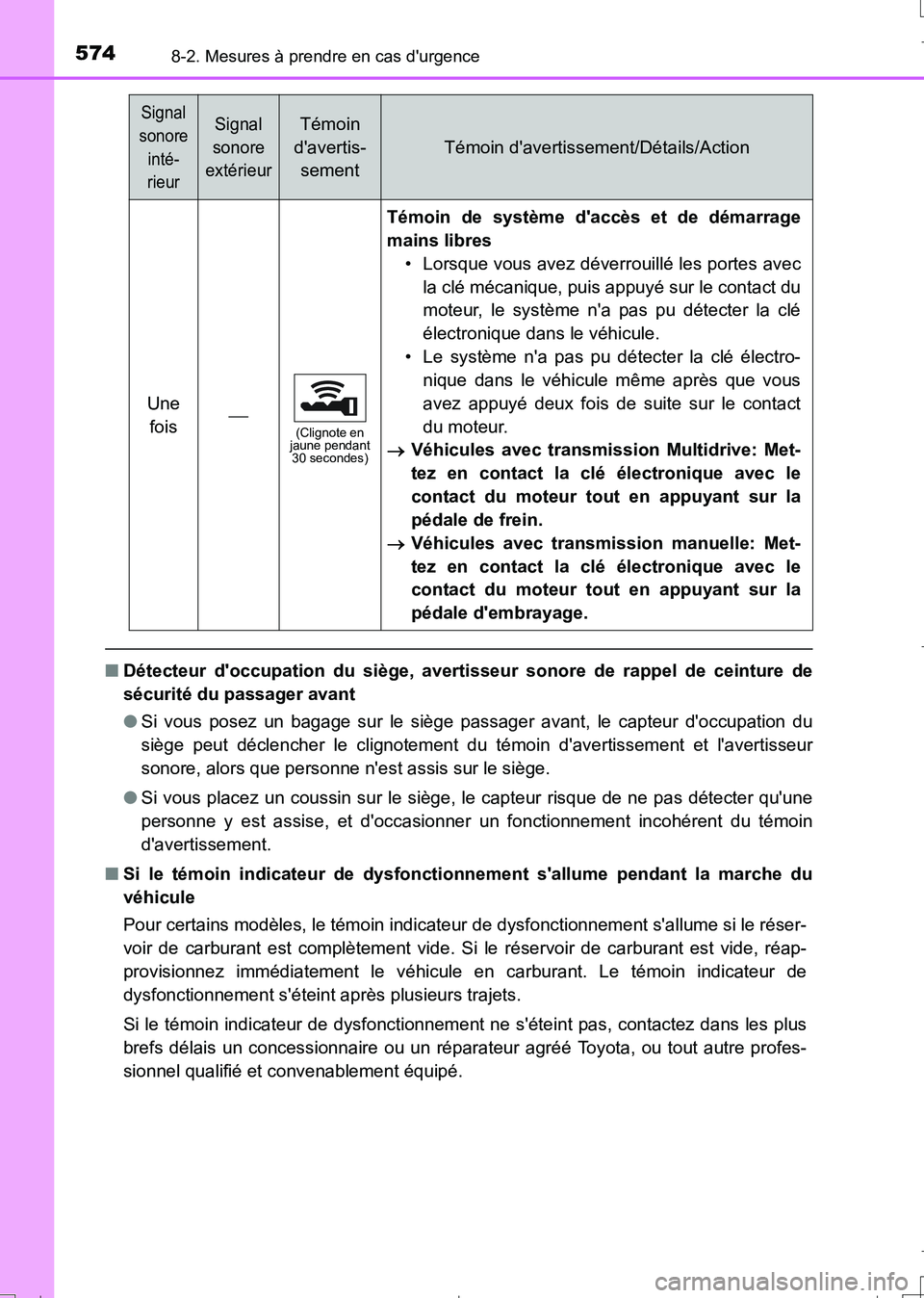 TOYOTA AURIS TOURING SPORTS 2017  Manuel du propriétaire (in French) 5748-2. Mesures à prendre en cas durgence
UK_AURIS_Touring_Sport_EK (OM12L14K)
■Détecteur doccupation du siège, avertisseur sonore de rappel de ceinture de
sécurité du passager avant
●Si vo