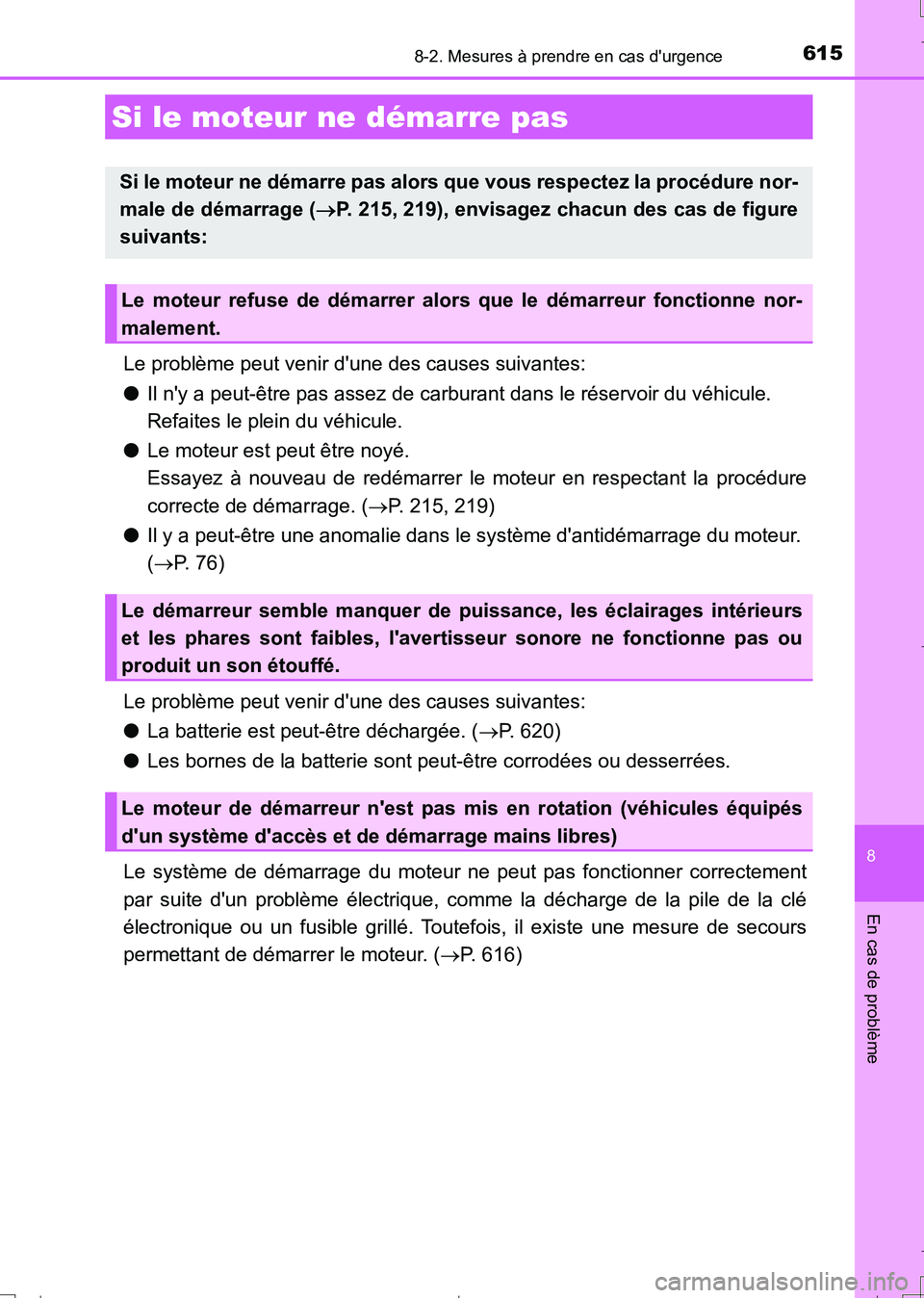 TOYOTA AURIS TOURING SPORTS 2017 Manuel du propriétaire (in French) 6158-2. Mesures à prendre en cas durgence
8
En cas de problème
UK_AURIS_Touring_Sport_EK (OM12L14K)
Le problème peut venir dune des causes suivantes:
●Il ny a peut-être pas assez de carburant TOYOTA AURIS TOURING SPORTS 2017 Manuel du propriétaire (in French) 6158-2. Mesures à prendre en cas durgence
8
En cas de problème
UK_AURIS_Touring_Sport_EK (OM12L14K)
Le problème peut venir dune des causes suivantes:
●Il ny a peut-être pas assez de carburant