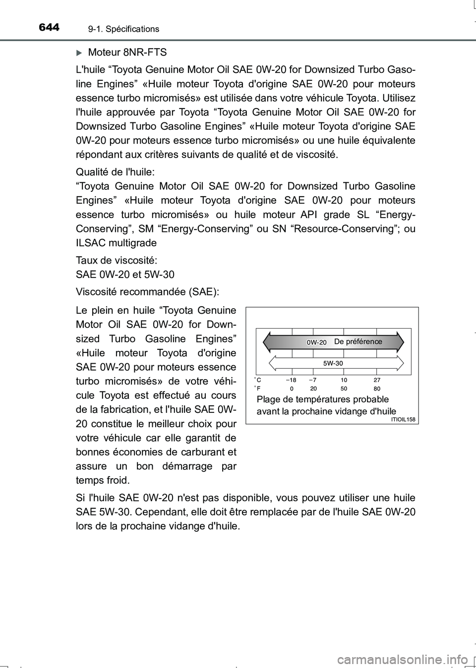 TOYOTA AURIS TOURING SPORTS 2017 Manuel du propriétaire (in French) 6449-1. Spécifications
UK_AURIS_Touring_Sport_EK (OM12L14K)
Moteur 8NR-FTS
Lhuile “Toyota Genuine Motor Oil SAE 0W-20 for Downsized Turbo Gaso-
line Engines” «Huile moteur Toyota dorigine S TOYOTA AURIS TOURING SPORTS 2017 Manuel du propriétaire (in French) 6449-1. Spécifications
UK_AURIS_Touring_Sport_EK (OM12L14K)
Moteur 8NR-FTS
Lhuile “Toyota Genuine Motor Oil SAE 0W-20 for Downsized Turbo Gaso-
line Engines” «Huile moteur Toyota dorigine S