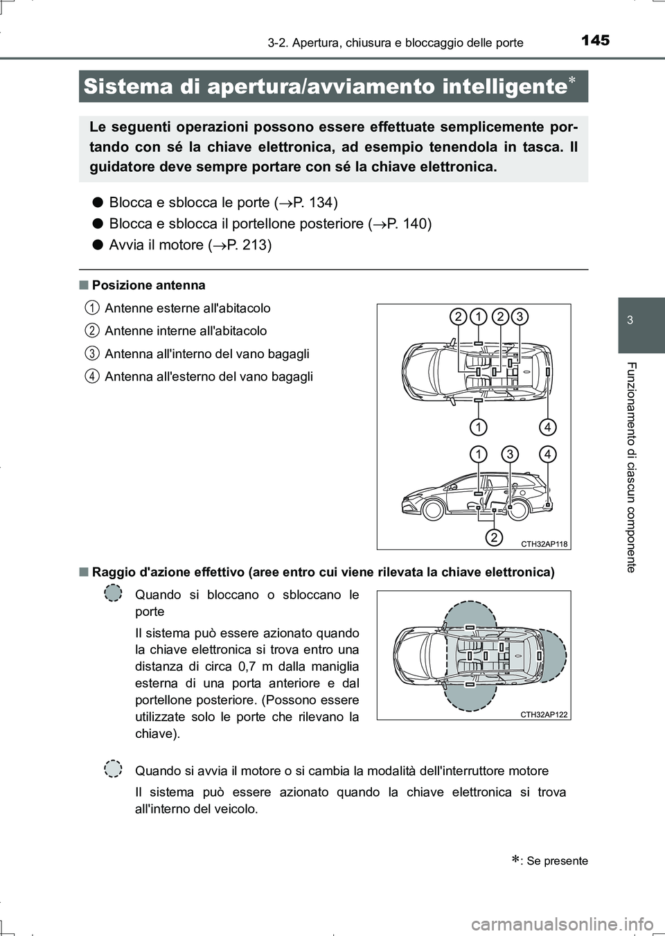 TOYOTA AURIS TOURING SPORTS 2017 Manuale duso (in Italian) 1453-2. Apertura, chiusura e bloccaggio delle porte
3
Funzionamento di ciascun componente
UK_AURIS_Touring_Sports_EL (OM12L17L)
●Blocca e sblocca le porte (P. 134)
●Blocca e sblocca il portello TOYOTA AURIS TOURING SPORTS 2017 Manuale duso (in Italian) 1453-2. Apertura, chiusura e bloccaggio delle porte
3
Funzionamento di ciascun componente
UK_AURIS_Touring_Sports_EL (OM12L17L)
●Blocca e sblocca le porte (P. 134)
●Blocca e sblocca il portello