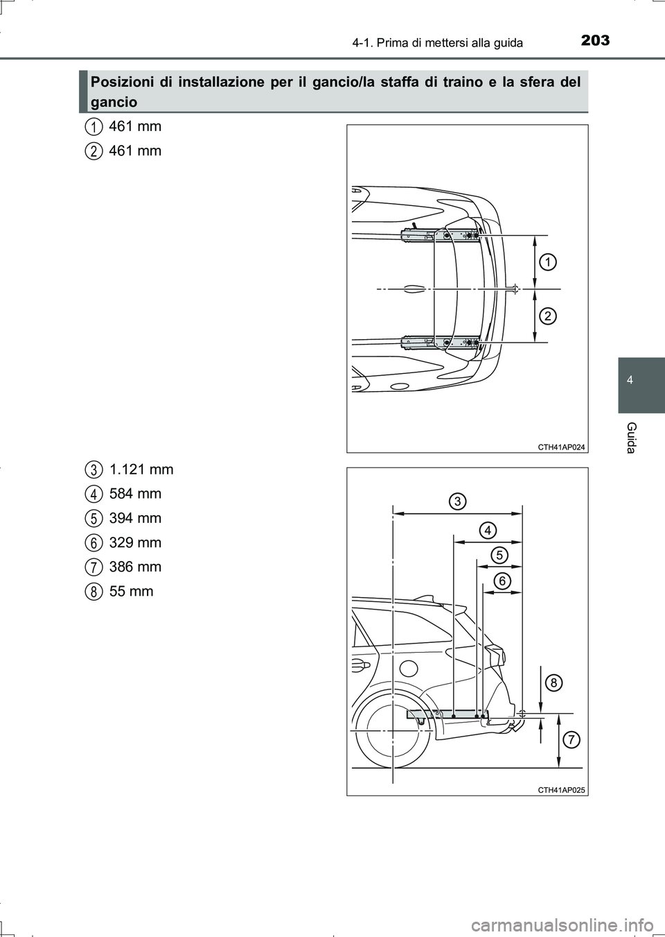 TOYOTA AURIS TOURING SPORTS 2017  Manuale duso (in Italian) 2034-1. Prima di mettersi alla guida
4
Guida
UK_AURIS_Touring_Sports_EL (OM12L17L)
461 mm
461 mm
1.121 mm
584 mm
394 mm
329 mm
386 mm
55 mm
Posizioni di installazione per il gancio/la staffa di traino