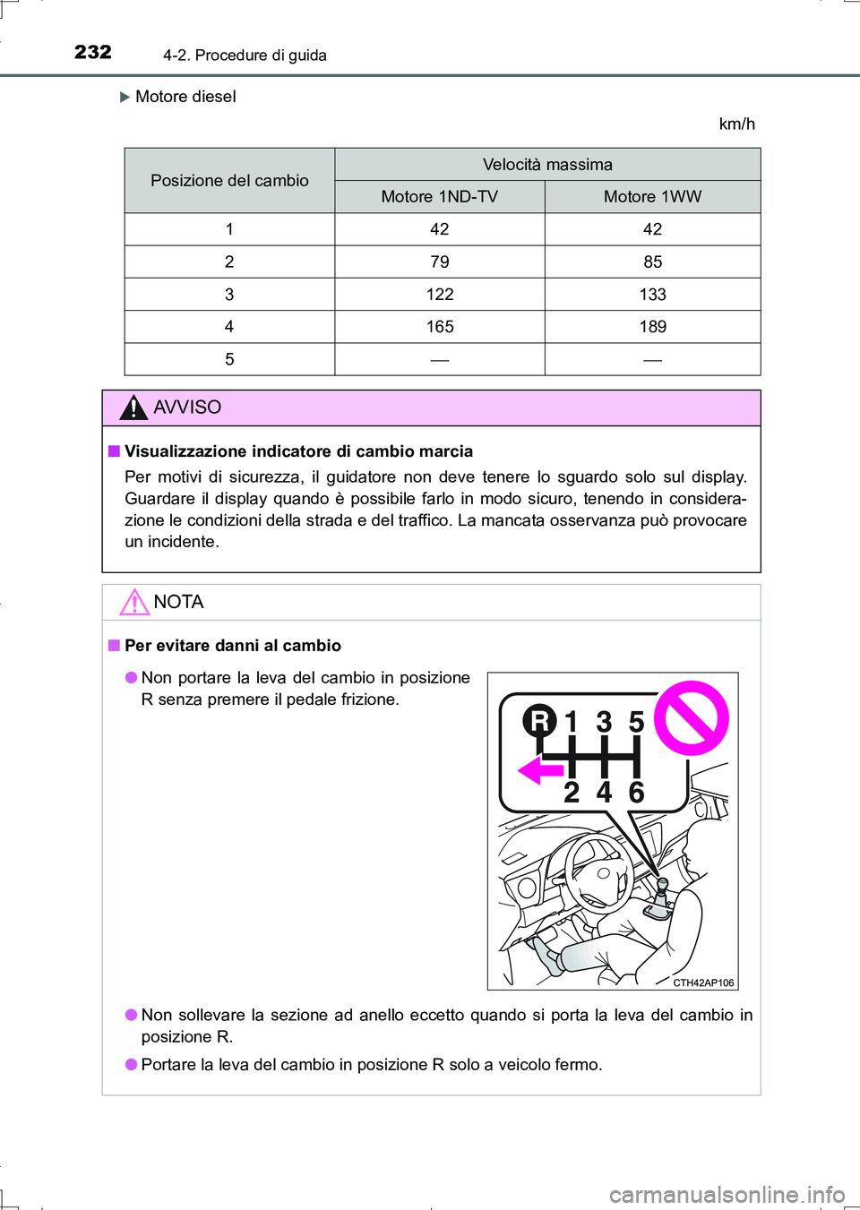 TOYOTA AURIS TOURING SPORTS 2017  Manuale duso (in Italian) 2324-2. Procedure di guida
UK_AURIS_Touring_Sports_EL (OM12L17L)
Motore diesel
km/h
Posizione del cambioVelocità massima
Motore 1ND-TVMotore 1WW
14242
27985
3122133
4165189
5
AV V I S O
■V