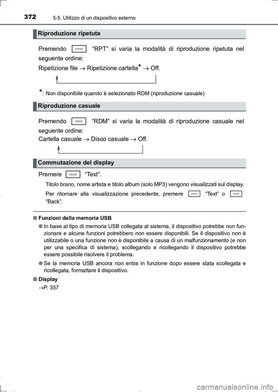 TOYOTA AURIS TOURING SPORTS 2017 Manuale duso (in Italian) 3725-5. Utilizzo di un dispositivo esterno
UK_AURIS_Touring_Sports_EL (OM12L17L)
Premendo “RPT” si varia la modalità di riproduzione ripetuta nel
seguente ordine:
Ripetizione file Ripetizi TOYOTA AURIS TOURING SPORTS 2017 Manuale duso (in Italian) 3725-5. Utilizzo di un dispositivo esterno
UK_AURIS_Touring_Sports_EL (OM12L17L)
Premendo “RPT” si varia la modalità di riproduzione ripetuta nel
seguente ordine:
Ripetizione file Ripetizi