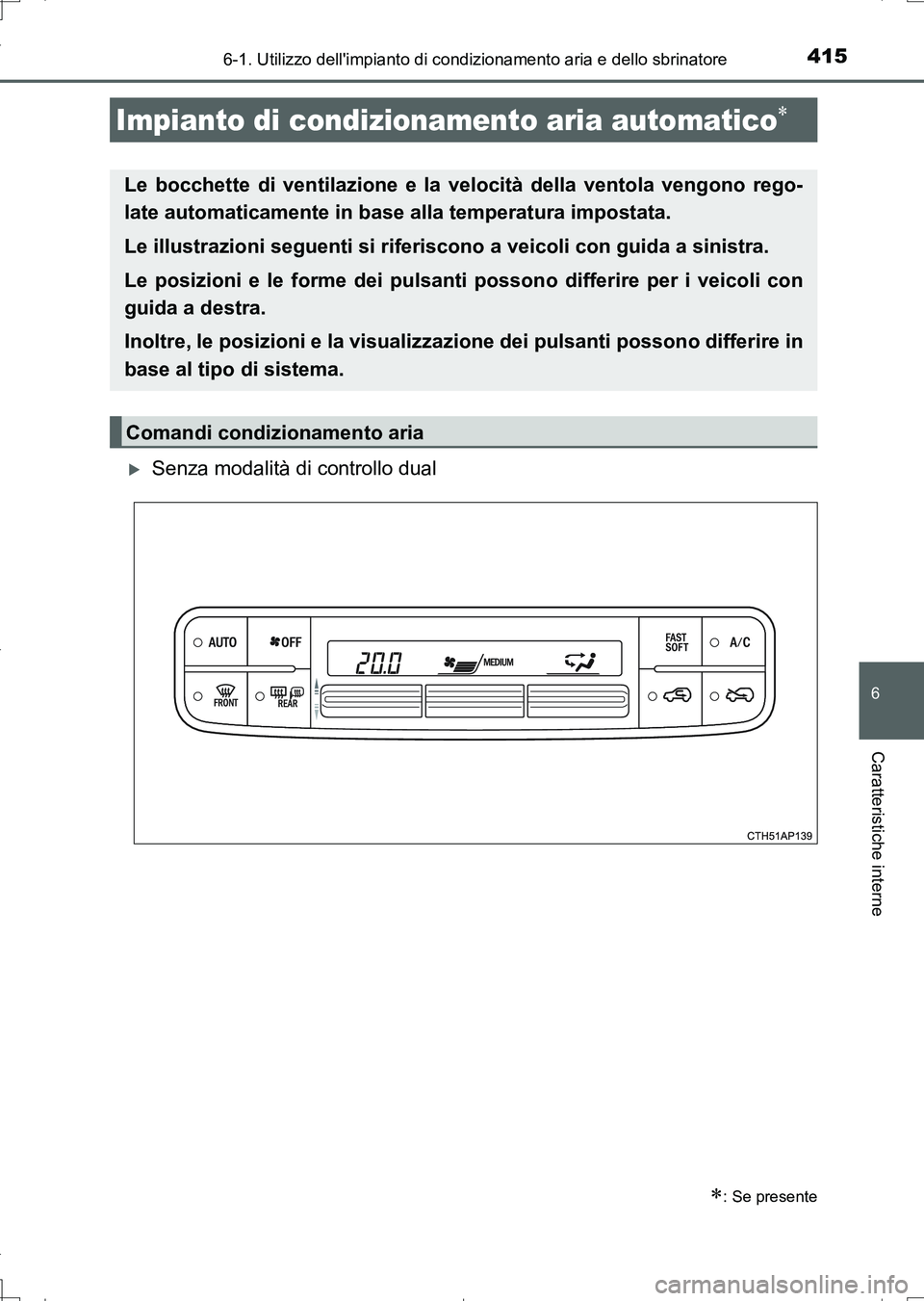 TOYOTA AURIS TOURING SPORTS 2017 Manuale duso (in Italian) 4156-1. Utilizzo dellimpianto di condizionamento aria e dello sbrinatore
6
Caratteristiche interne
UK_AURIS_Touring_Sports_EL (OM12L17L)
Senza modalità di controllo dual
Impianto di condizionamen TOYOTA AURIS TOURING SPORTS 2017 Manuale duso (in Italian) 4156-1. Utilizzo dellimpianto di condizionamento aria e dello sbrinatore
6
Caratteristiche interne
UK_AURIS_Touring_Sports_EL (OM12L17L)
Senza modalità di controllo dual
Impianto di condizionamen