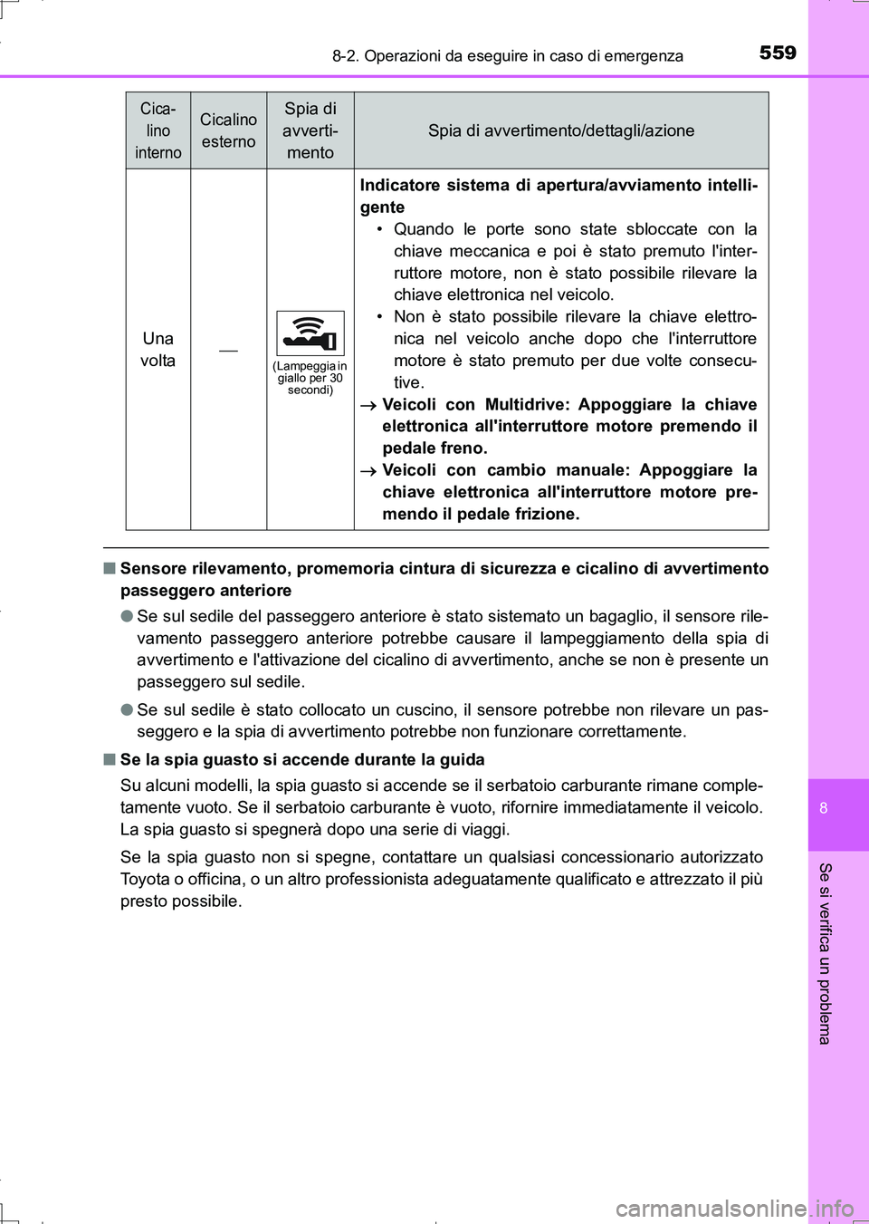 TOYOTA AURIS TOURING SPORTS 2017 Manuale duso (in Italian) 5598-2. Operazioni da eseguire in caso di emergenza
8
Se si verifica un problema
UK_AURIS_Touring_Sports_EL (OM12L17L)
■Sensore rilevamento, promemoria cintura di sicurezza e cicalino di avvertiment TOYOTA AURIS TOURING SPORTS 2017 Manuale duso (in Italian) 5598-2. Operazioni da eseguire in caso di emergenza
8
Se si verifica un problema
UK_AURIS_Touring_Sports_EL (OM12L17L)
■Sensore rilevamento, promemoria cintura di sicurezza e cicalino di avvertiment