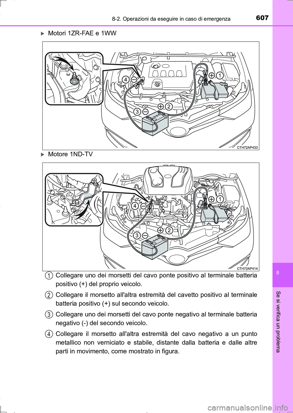 TOYOTA AURIS TOURING SPORTS 2017 Manuale duso (in Italian) 6078-2. Operazioni da eseguire in caso di emergenza
8
Se si verifica un problema
UK_AURIS_Touring_Sports_EL (OM12L17L)
Motori 1ZR-FAE e 1WW
Motore 1ND-TV
Collegare uno dei morsetti del cavo pont TOYOTA AURIS TOURING SPORTS 2017 Manuale duso (in Italian) 6078-2. Operazioni da eseguire in caso di emergenza
8
Se si verifica un problema
UK_AURIS_Touring_Sports_EL (OM12L17L)
Motori 1ZR-FAE e 1WW
Motore 1ND-TV
Collegare uno dei morsetti del cavo pont