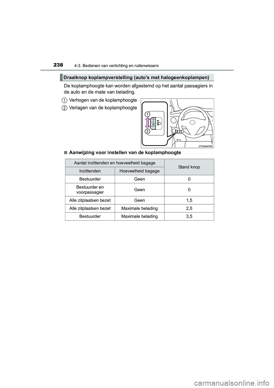 TOYOTA AURIS TOURING SPORTS 2017  Instructieboekje (in Dutch) 2384-3. Bedienen van verlichting en ruitenwissers
AURIS Touring Sports_EE (12L13E)
De koplamphoogte kan worden afgestemd op het aantal passagiers in
de auto en de mate van belading.
Verhogen van de ko