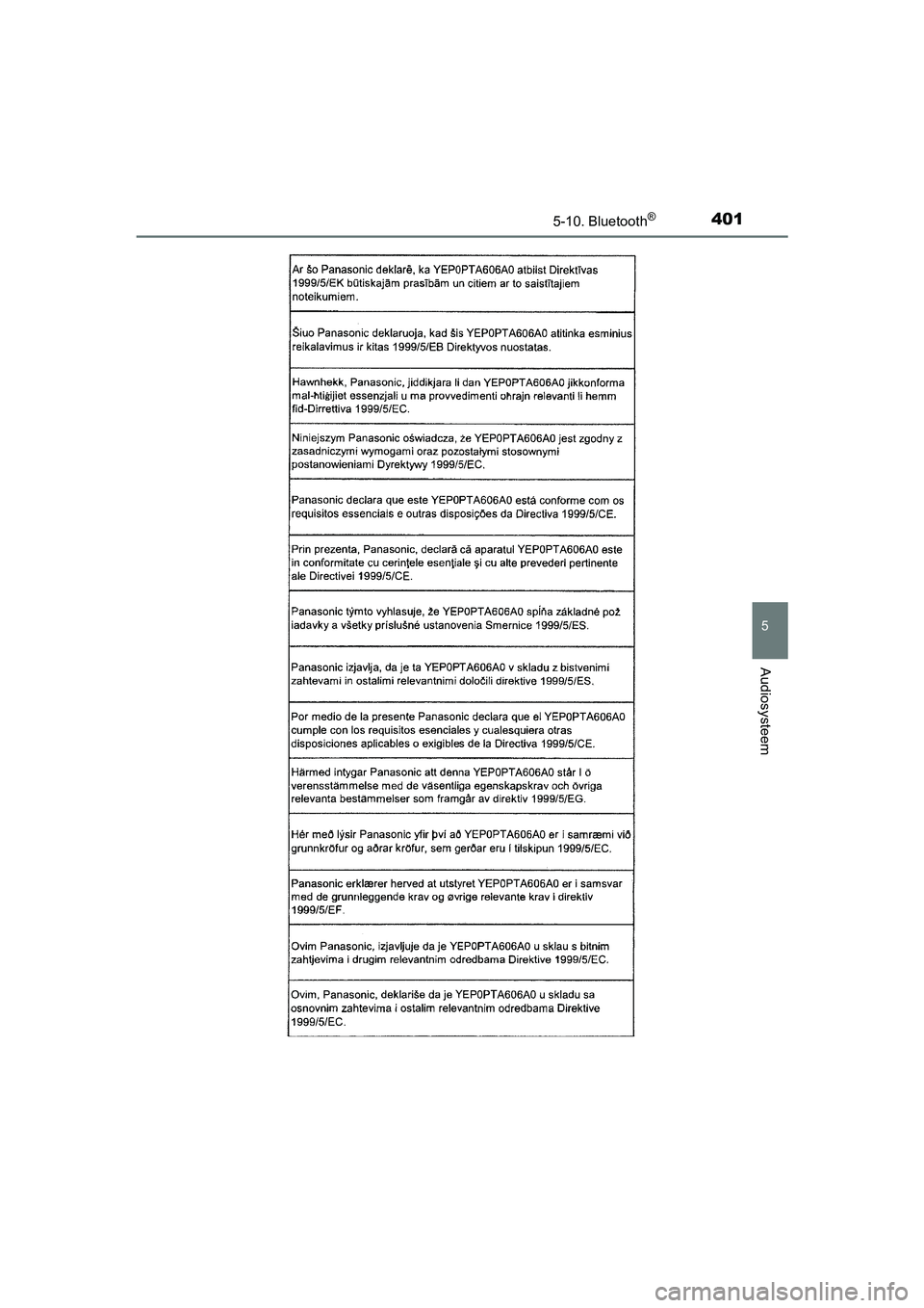 TOYOTA AURIS TOURING SPORTS 2017 Instructieboekje (in Dutch) 4015-10. Bluetooth®
AURIS Touring Sports_EE (12L13E)
5
Audiosysteem
AURIS Touring Sports_OM_Europe_OM12L13E.book Page 401 Tuesday , November 1, 2016 10:28 AM TOYOTA AURIS TOURING SPORTS 2017 Instructieboekje (in Dutch) 4015-10. Bluetooth®
AURIS Touring Sports_EE (12L13E)
5
Audiosysteem
AURIS Touring Sports_OM_Europe_OM12L13E.book Page 401 Tuesday , November 1, 2016 10:28 AM