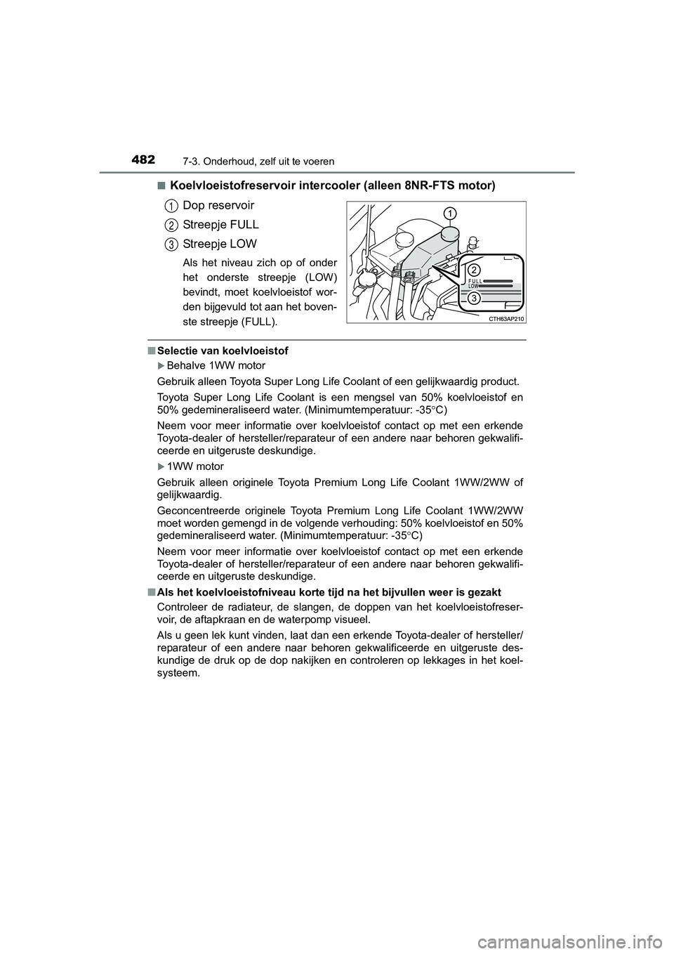 TOYOTA AURIS TOURING SPORTS 2017 Instructieboekje (in Dutch) 4827-3. Onderhoud, zelf uit te voeren
AURIS Touring Sports_EE (12L13E)■
Koelvloeistofreservoir interc
ooler (alleen 8NR-FTS motor)
Dop reservoir
Streepje FULL
Streepje LOW
Als het niveau zich op TOYOTA AURIS TOURING SPORTS 2017 Instructieboekje (in Dutch) 4827-3. Onderhoud, zelf uit te voeren
AURIS Touring Sports_EE (12L13E)■
Koelvloeistofreservoir interc
ooler (alleen 8NR-FTS motor)
Dop reservoir
Streepje FULL
Streepje LOW
Als het niveau zich op